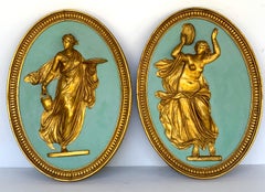 Pair of Adam Style Neoclassical Turquoise and Gilt Oval Giltwood Wall Plaques