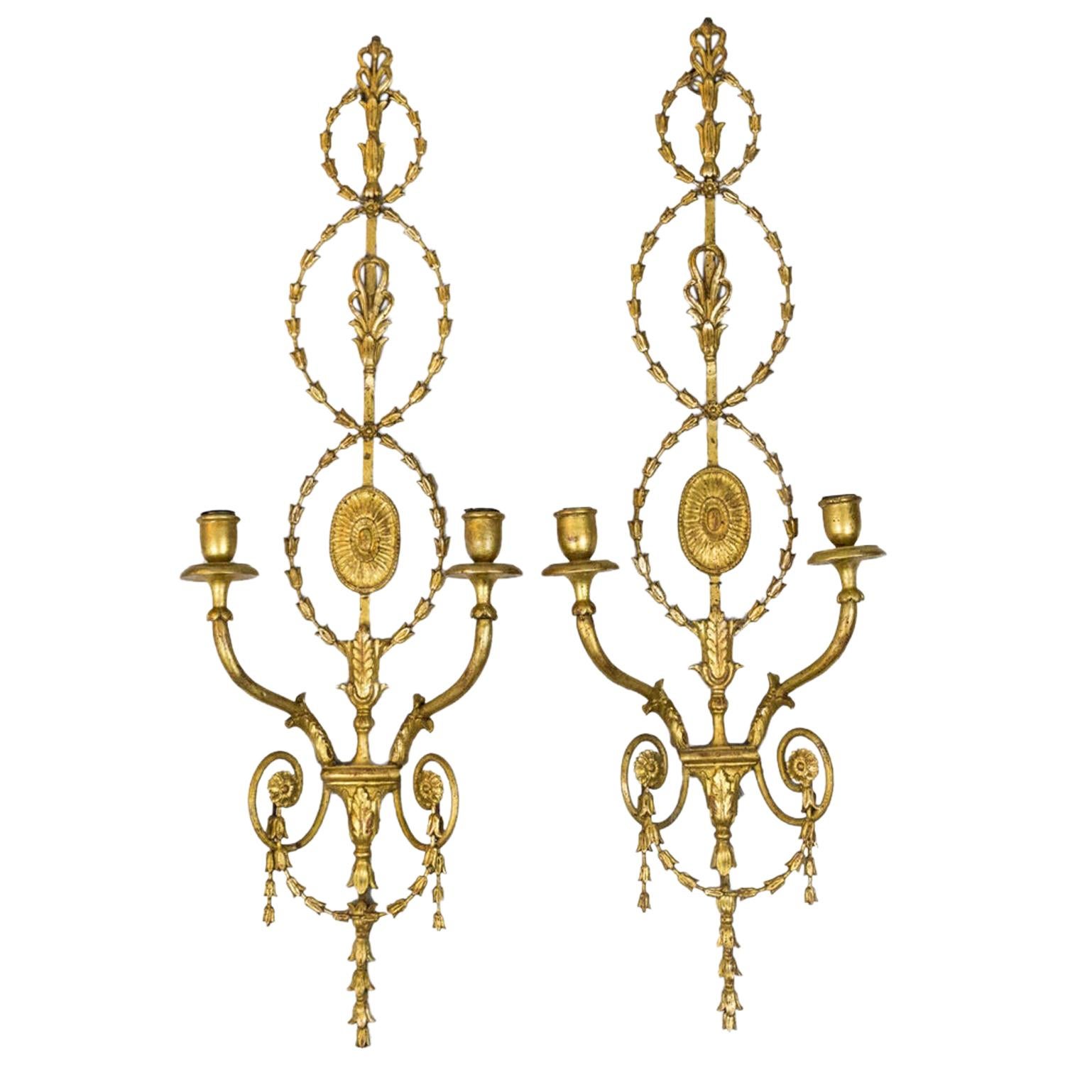 Pair of Adam Style Wall Sconces in Gilt Stucco and Metal, 1950s For Sale