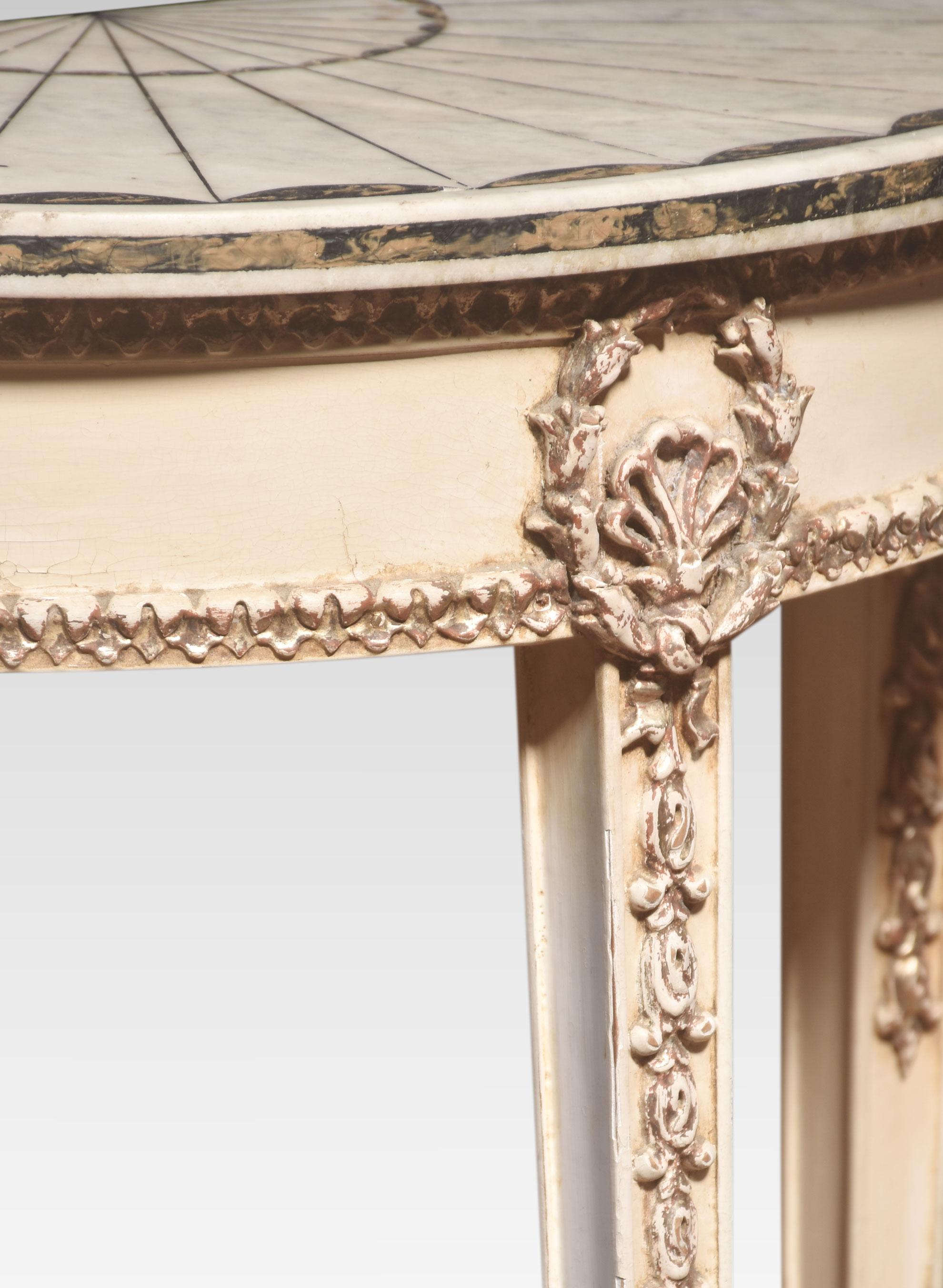 Pair of Adams design Marble Topped Painted & Semi-Burnished Console Tables, the half-round marble tops with fan detail. Resting on shaped moulded freeze, All raised on square legs terminating in spade feet.
Dimensions
Height 31 Inches
Width 23