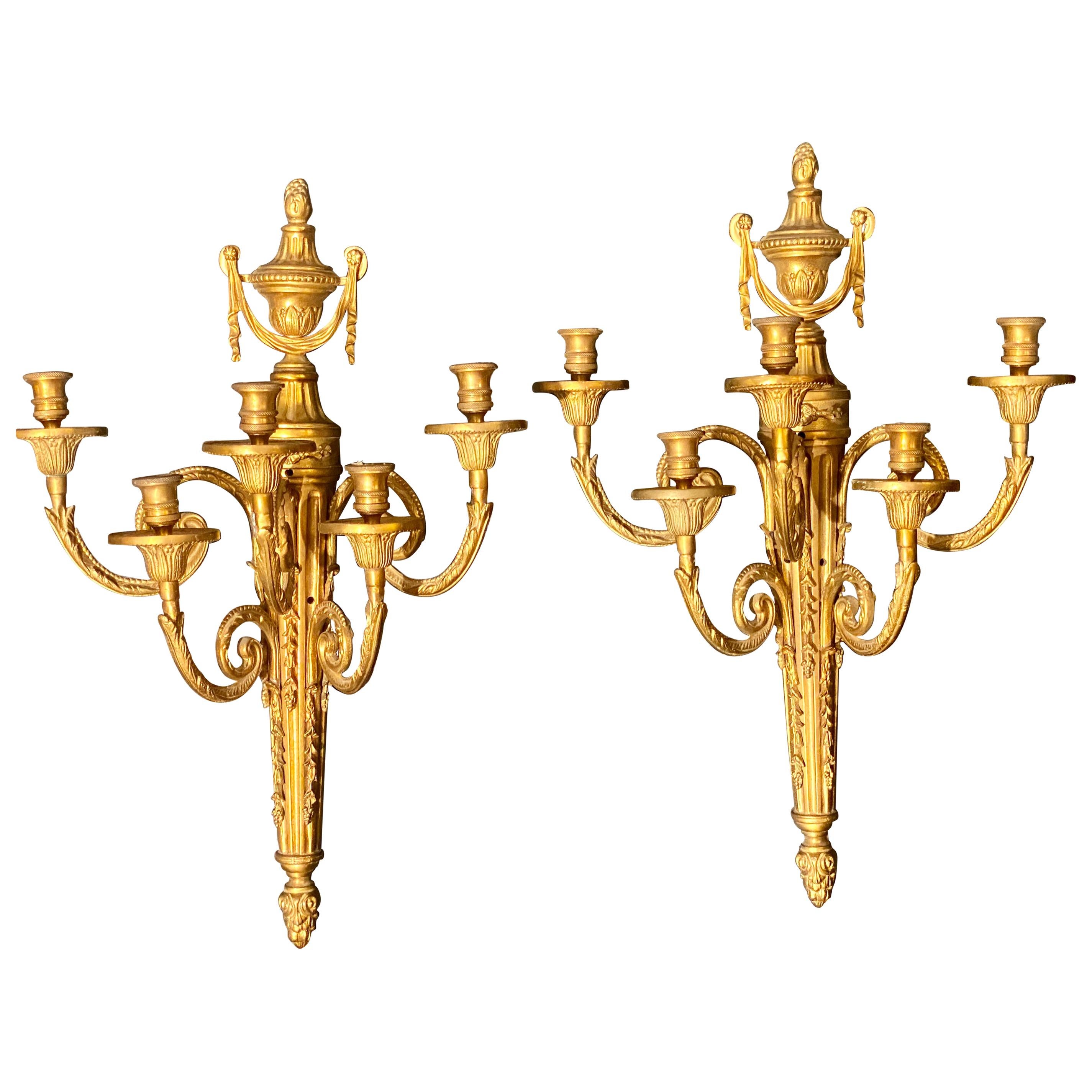 Pair of Adams Style Five Arm Dore Bronze Sconces, Wall Tassel Decorated. Price is for one pair.

