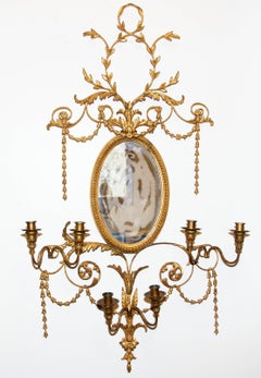 Pair of Adams Style Gilt Mirrors with Sconces