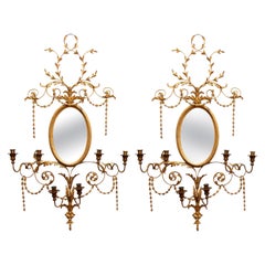 Antique Pair of Adams Style Gilt Mirrors with Sconces