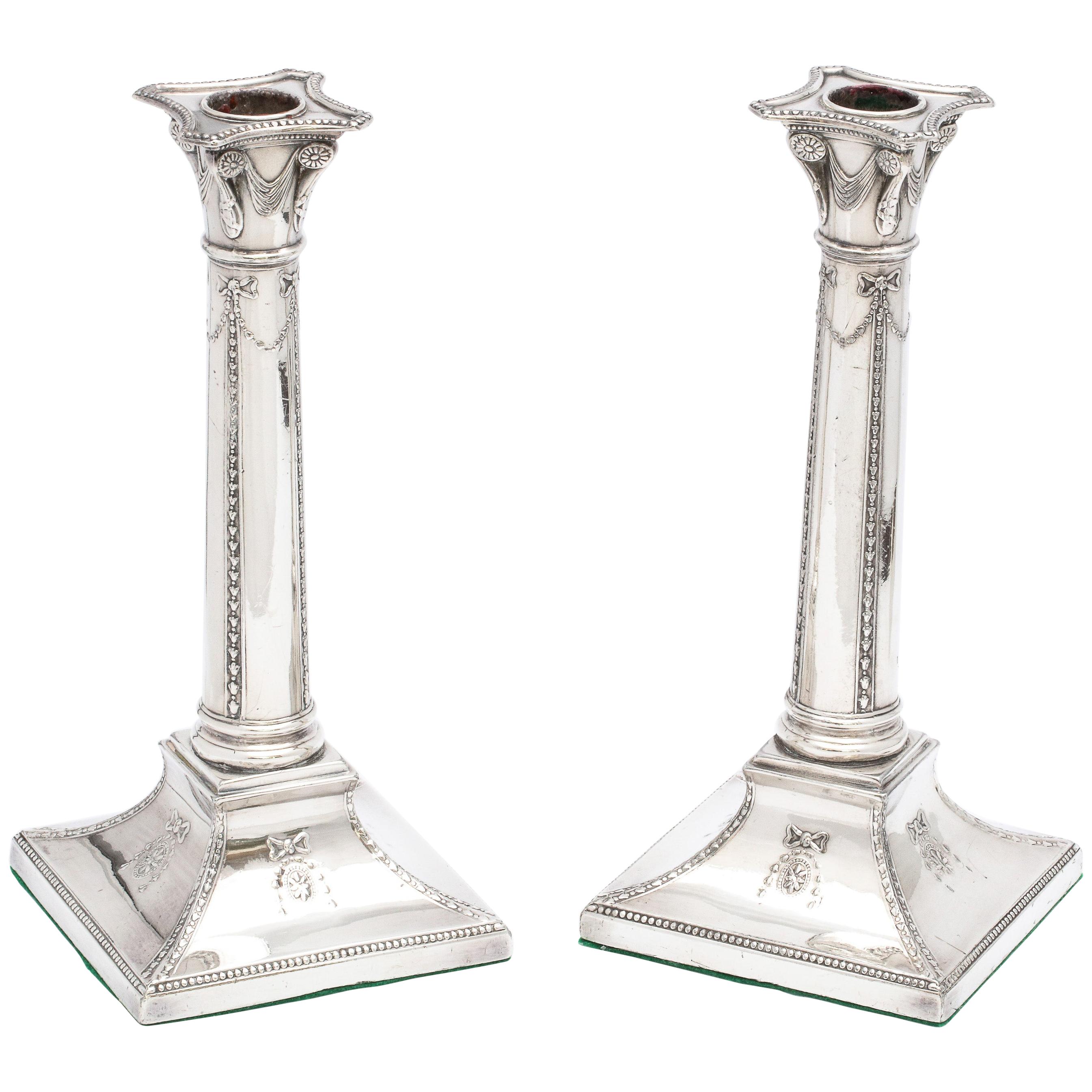 Pair of Adams-Style Sheffield Plated Column-Form Candlesticks