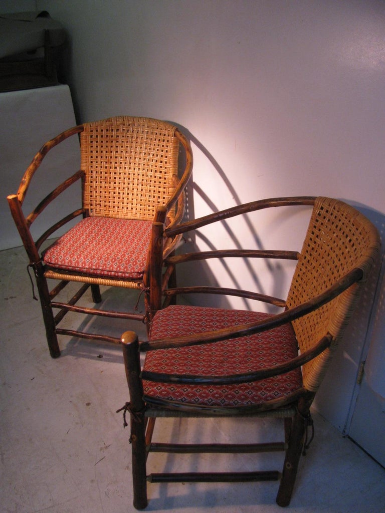 Pair of Adirondack Old Hickory Chairs with Split Reed Seats Backs at