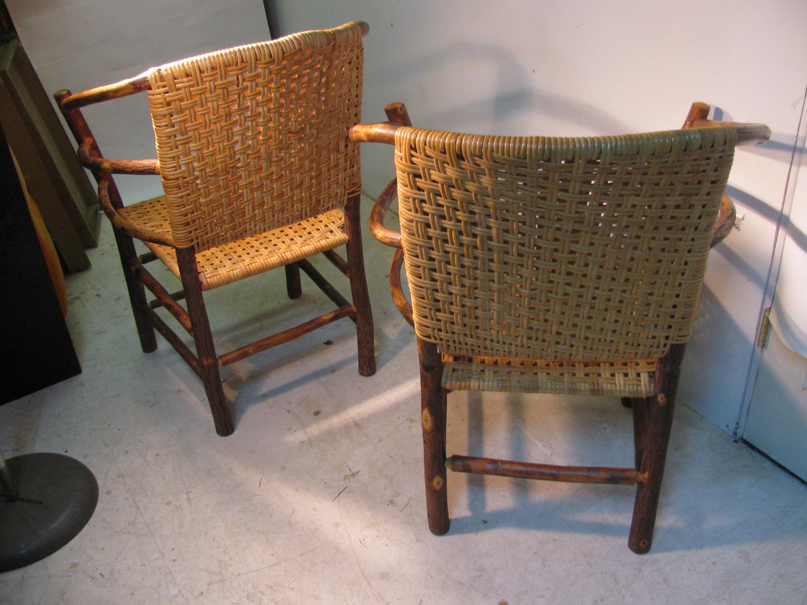 Late 20th Century Pair of Adirondack Old Hickory Chairs with Split Reed Seats Backs