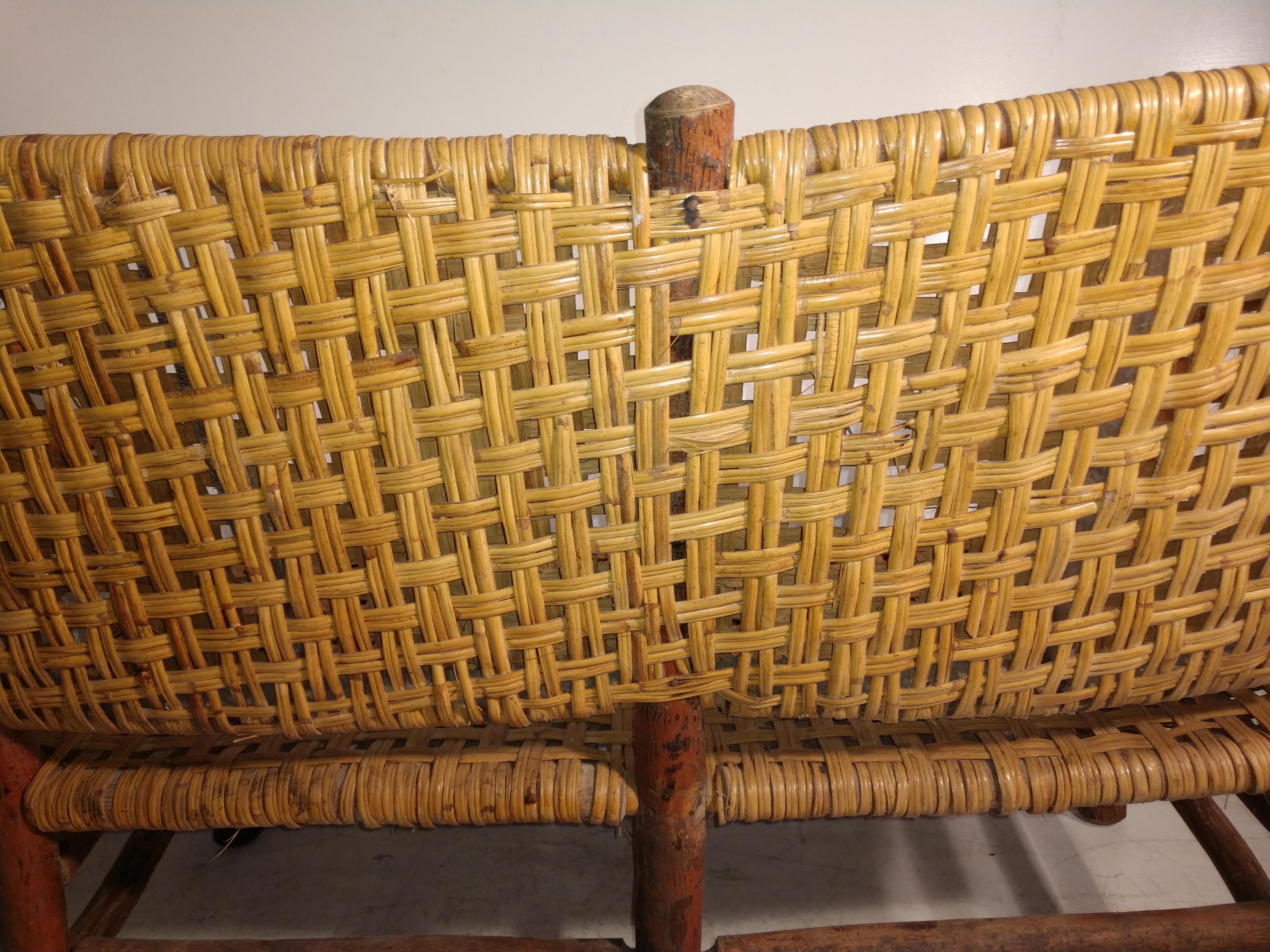Late 20th Century Pair of Adirondack Old Hickory 2 Seat Sofa Settee with Woven Splint Seat & Back