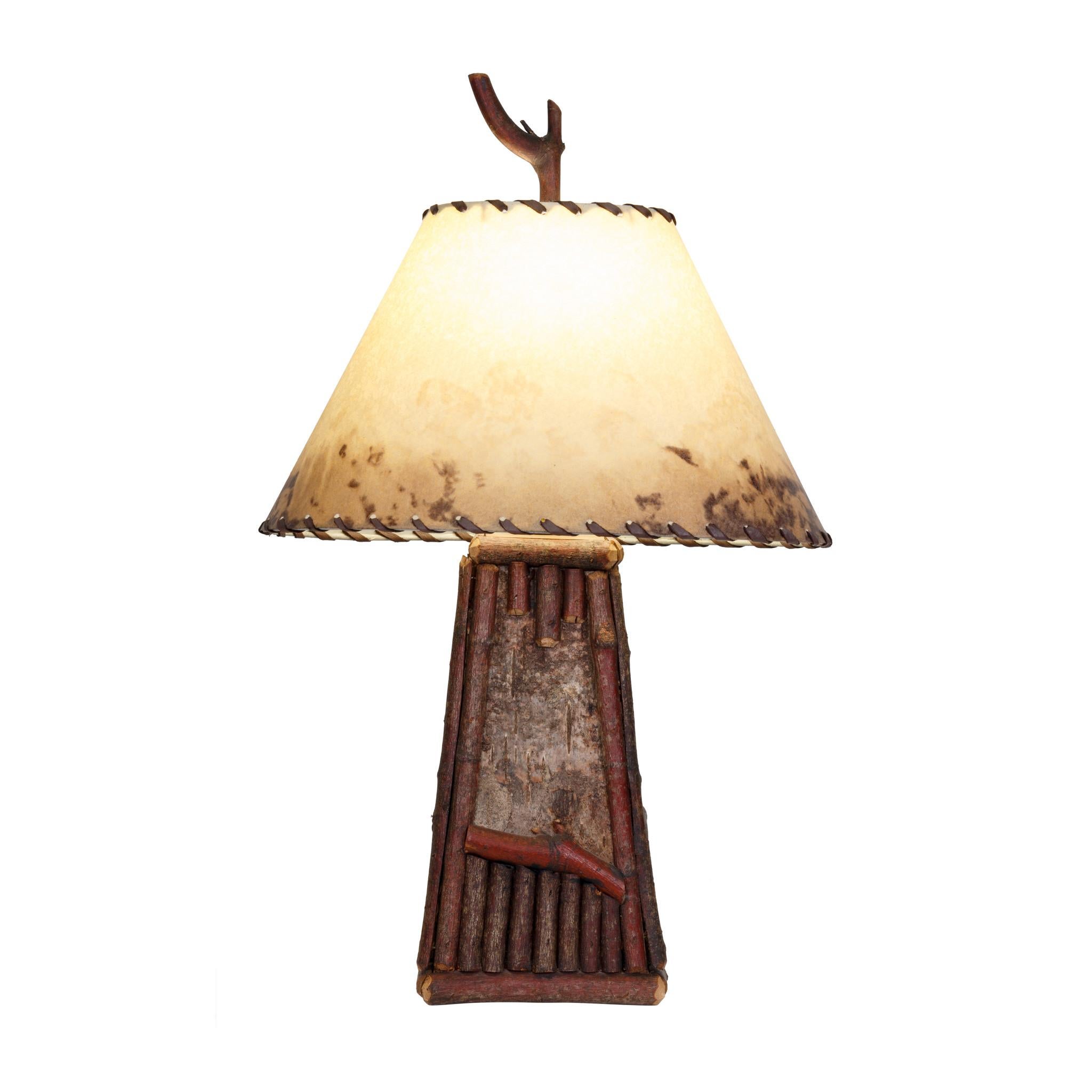 Pair of Adirondack riverfront table or bedside lamps with twigs, branches; with hand painted oil shades. Measures: 20