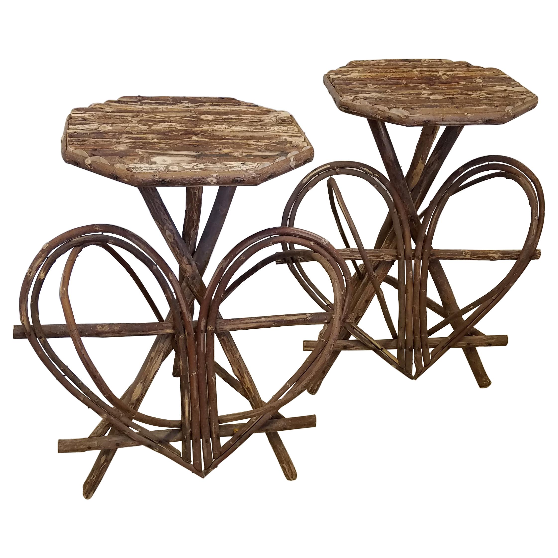 Pair of Adirondack Style Rustic Twig Tables with Heart Motif