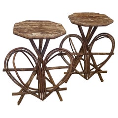 Pair of Adirondack Style Rustic Twig Tables with Heart Motif