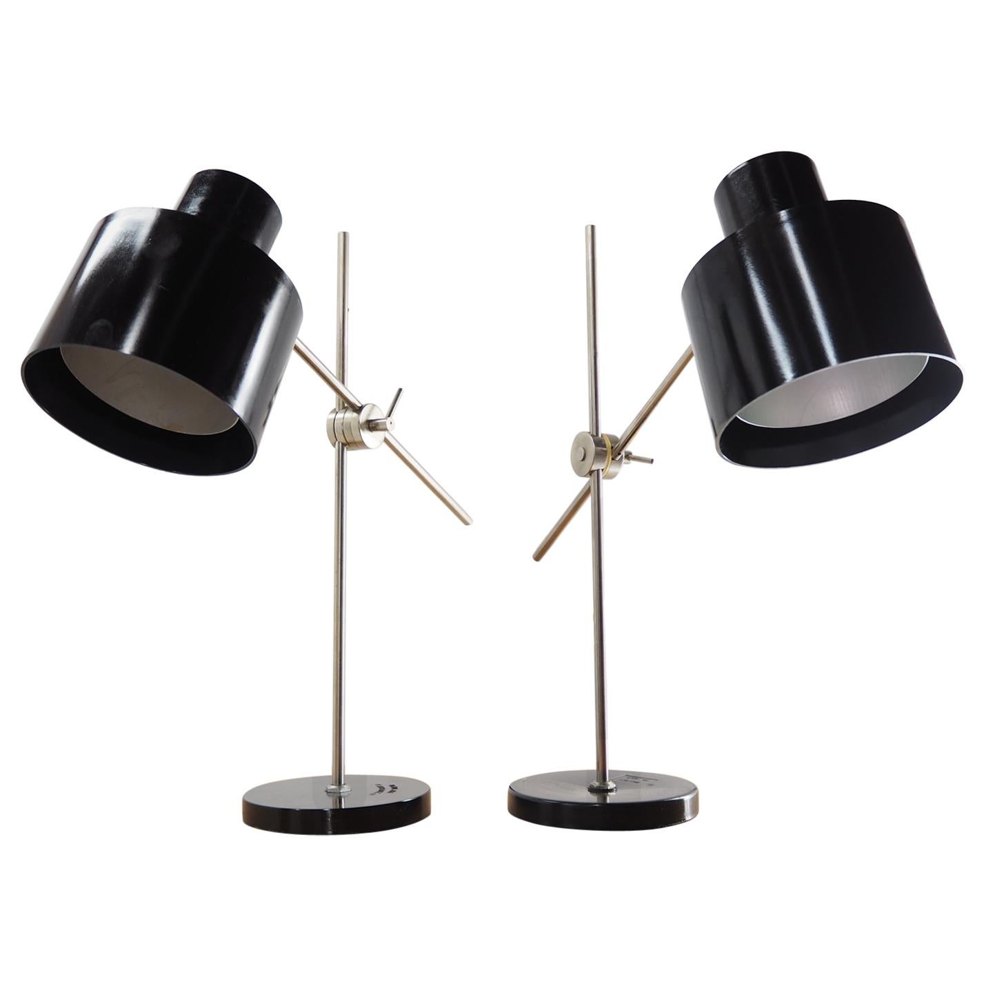 Pair of Adjustable Black Bakelite Industrial Table Lamps / Czechoslovakia, 1970s
