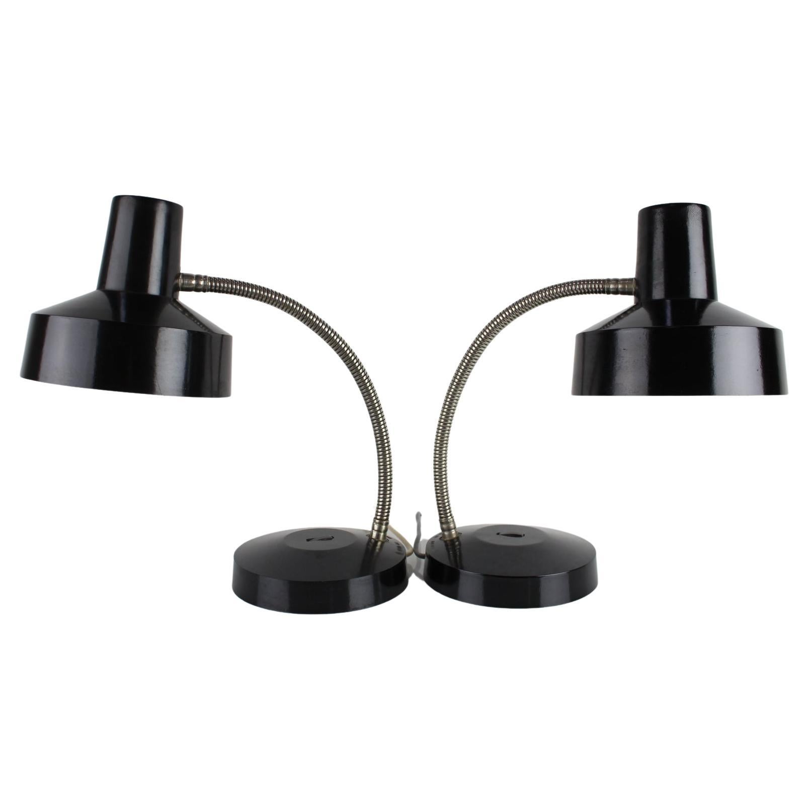 Pair of Adjustable Black Bakelite Table Lamps / Czechoslovakia, 1960s For Sale