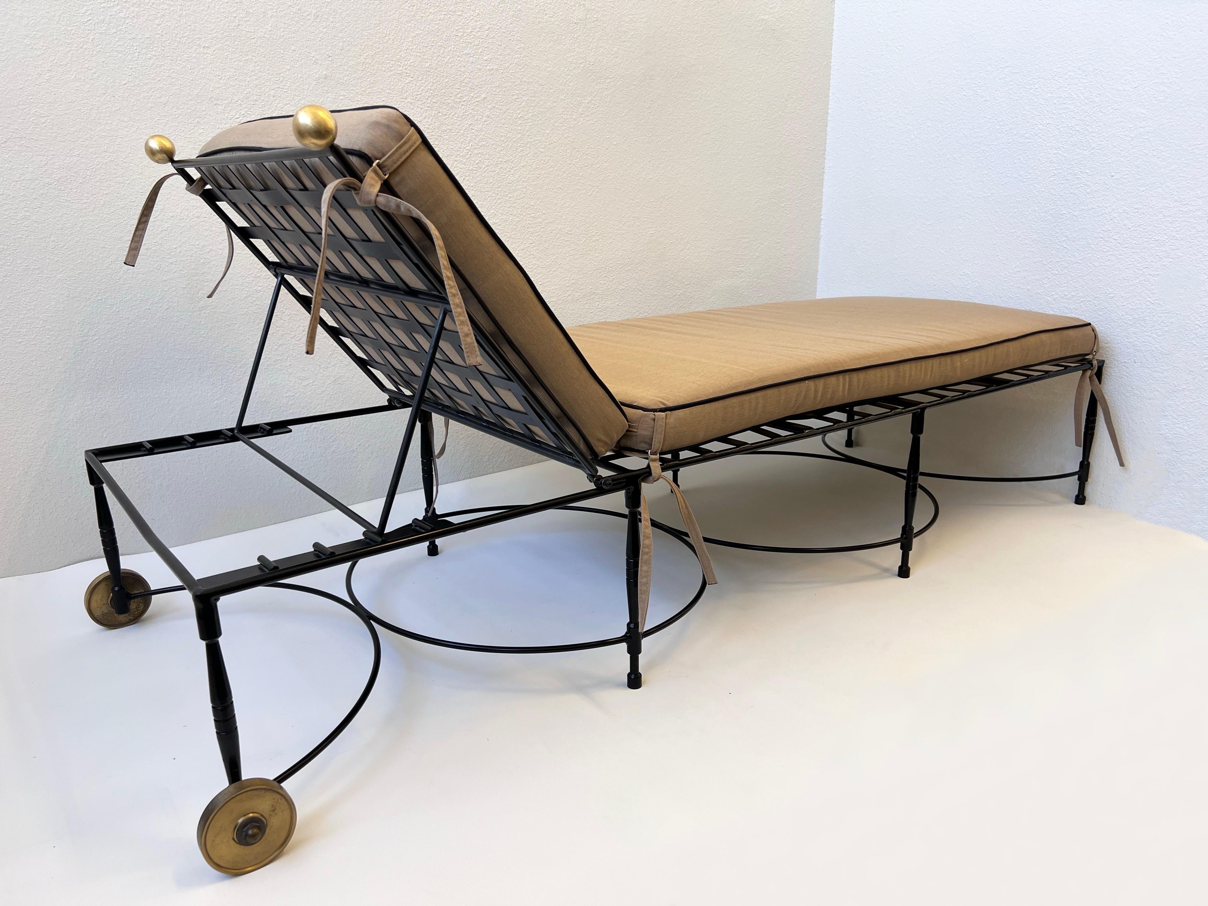 Pair of Adjustable Black Iron & Brass Lounge Chaises by Mario Papperzini 3