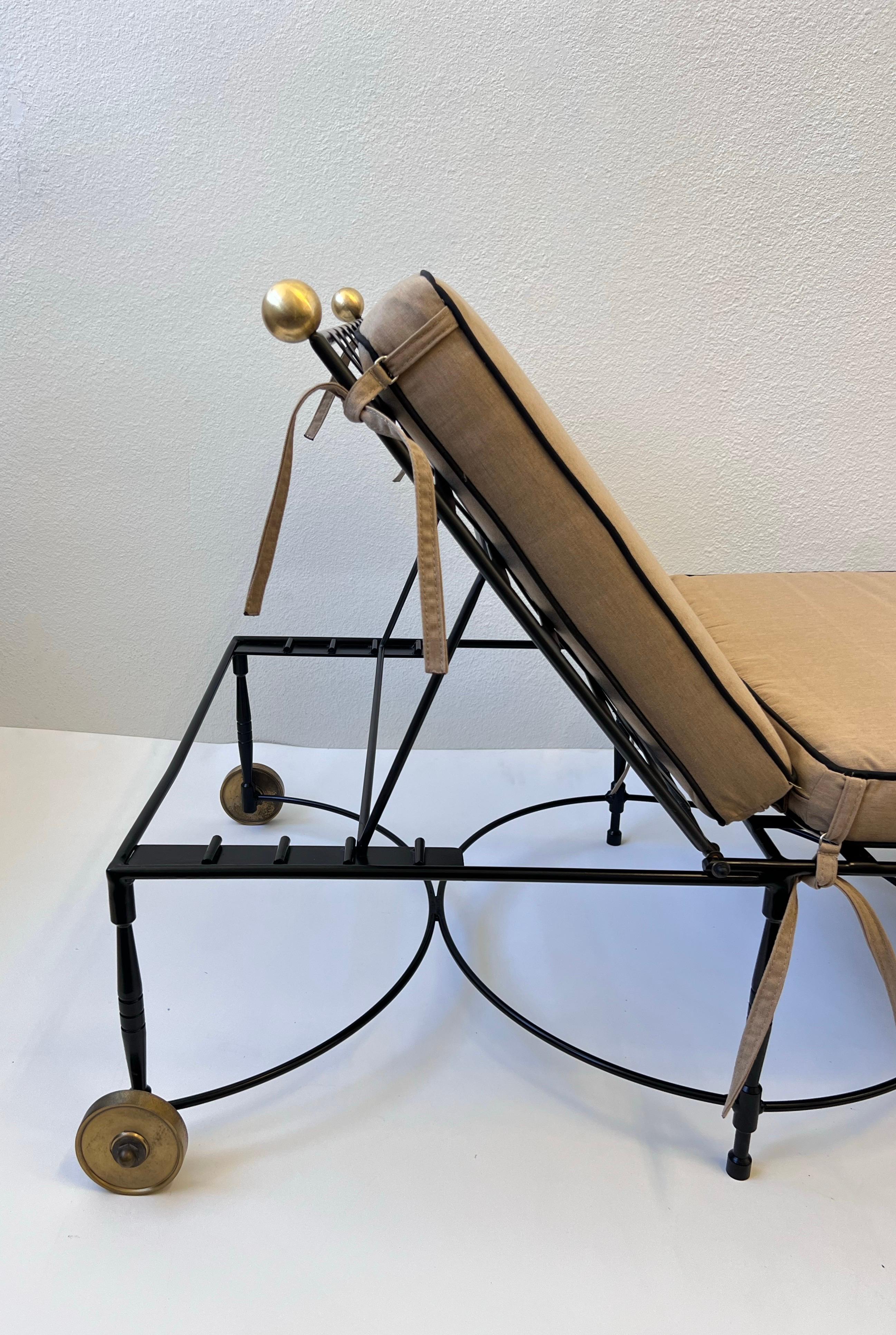 Pair of Adjustable Black Iron & Brass Lounge Chaises by Mario Papperzini 4