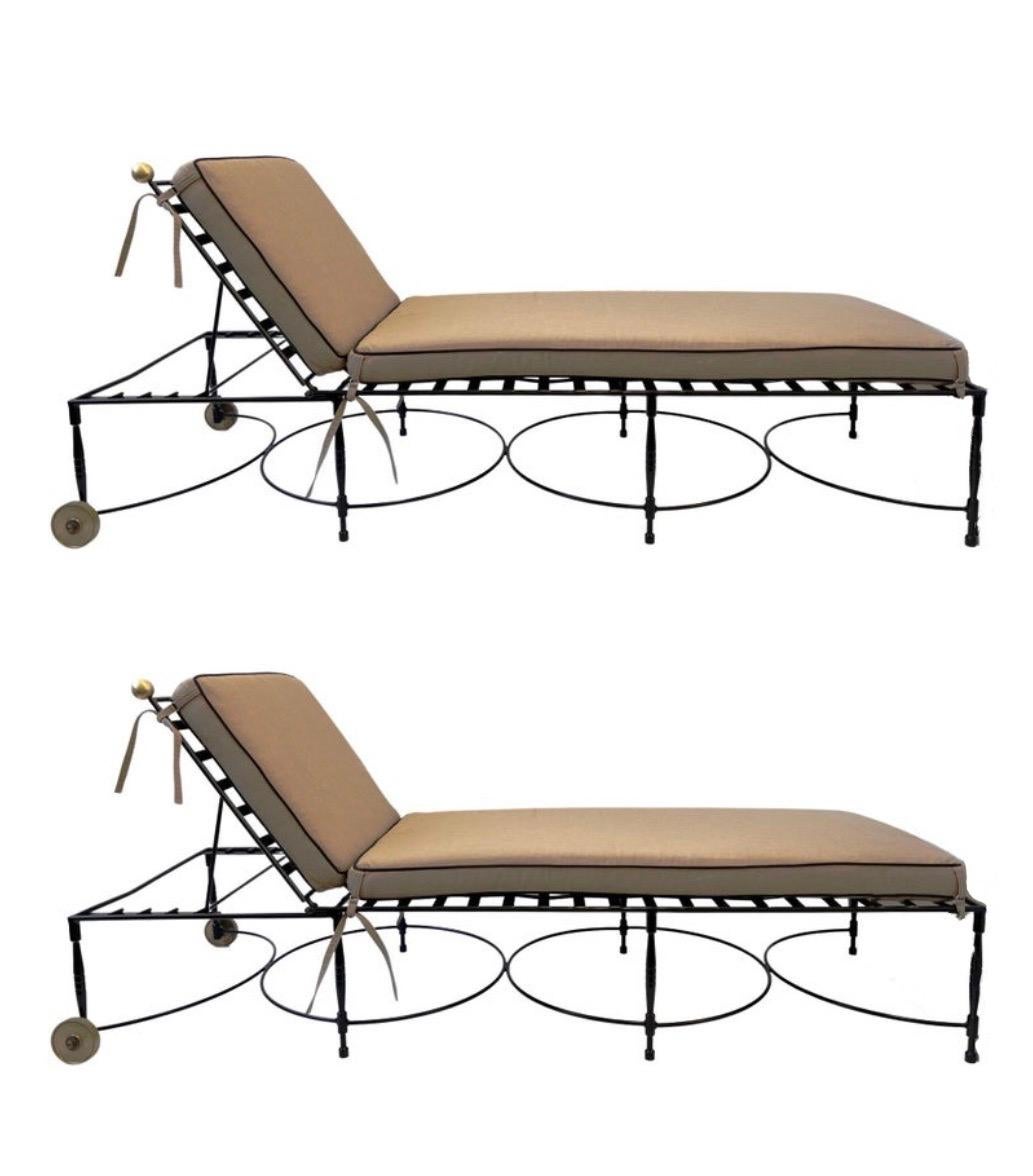 Pair of Adjustable Black Iron & Brass Lounge Chaises by Mario Papperzini 5