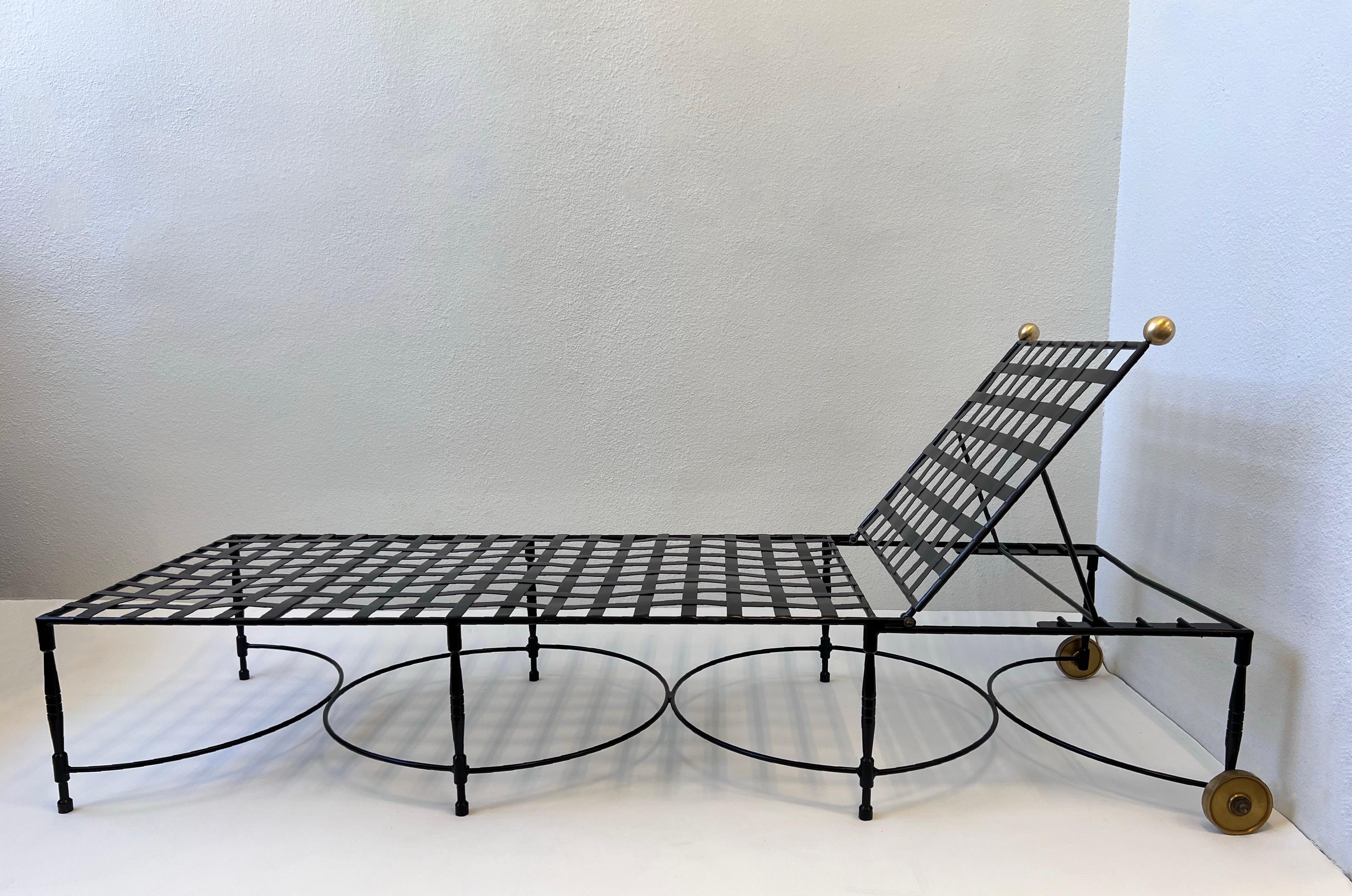 Mid-Century Modern Pair of Adjustable Black Iron & Brass Lounge Chaises by Mario Papperzini