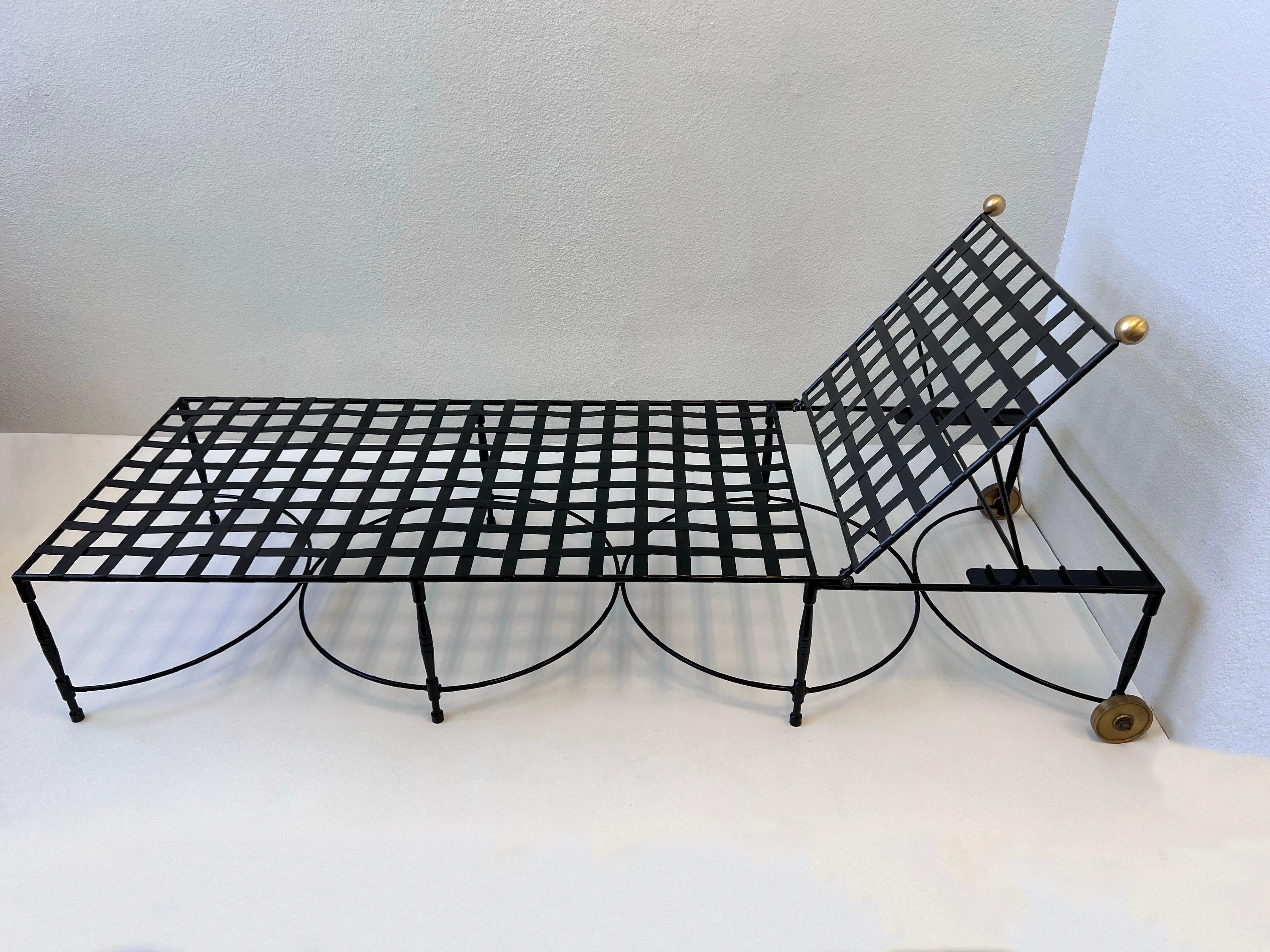 Italian Pair of Adjustable Black Iron & Brass Lounge Chaises by Mario Papperzini