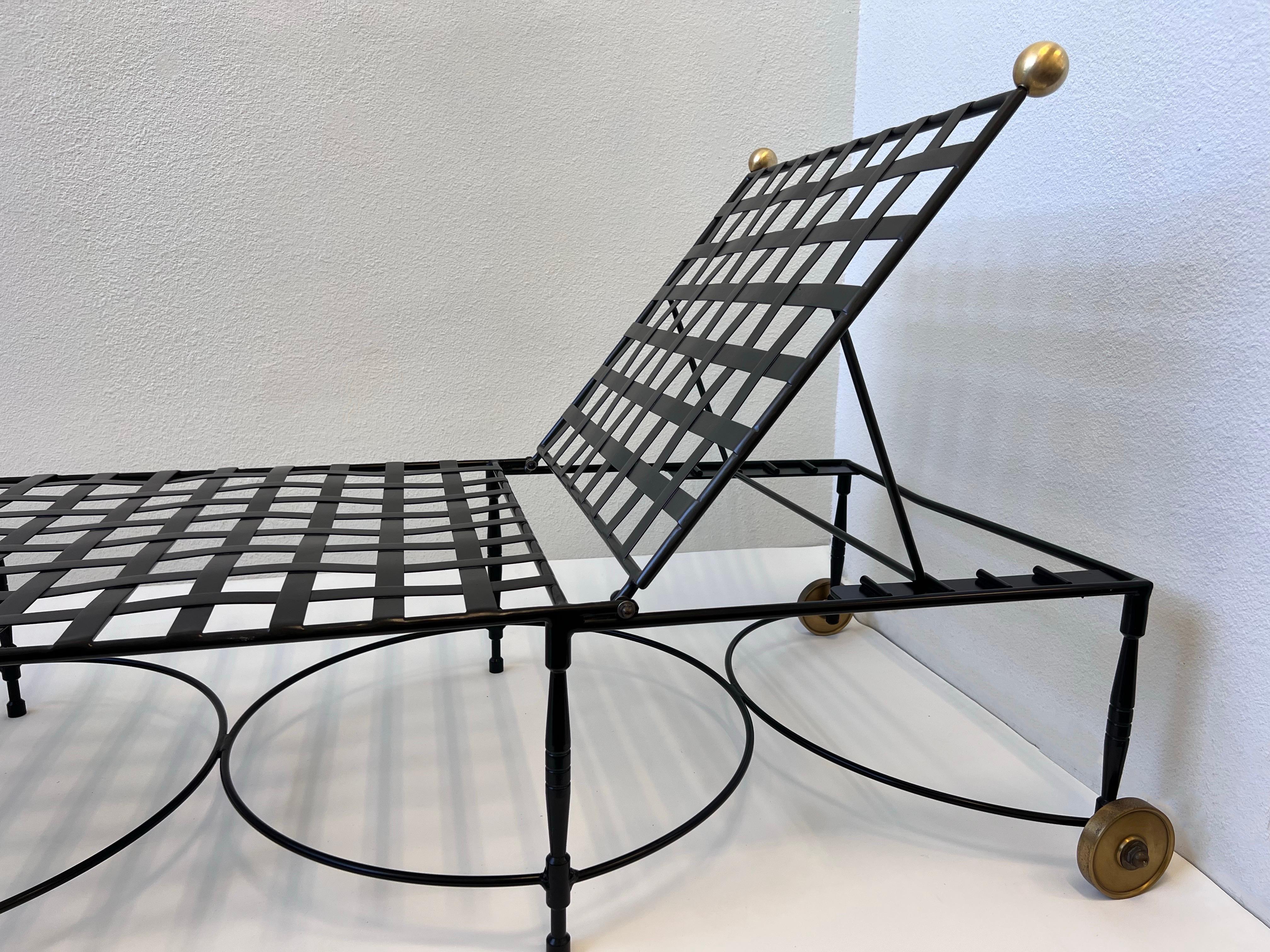 Brushed Pair of Adjustable Black Iron & Brass Lounge Chaises by Mario Papperzini