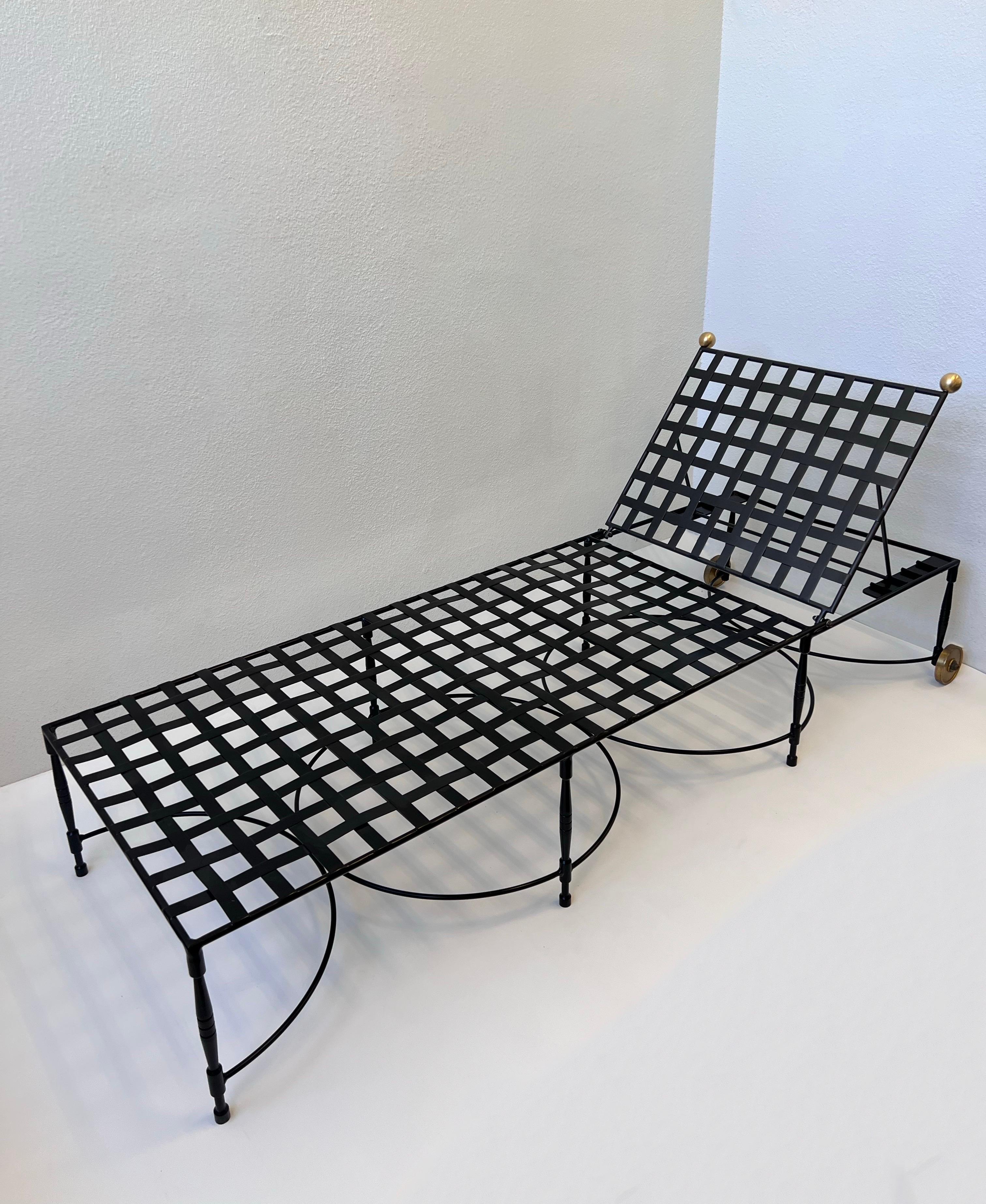 Pair of Adjustable Black Iron & Brass Lounge Chaises by Mario Papperzini In Good Condition In Palm Springs, CA