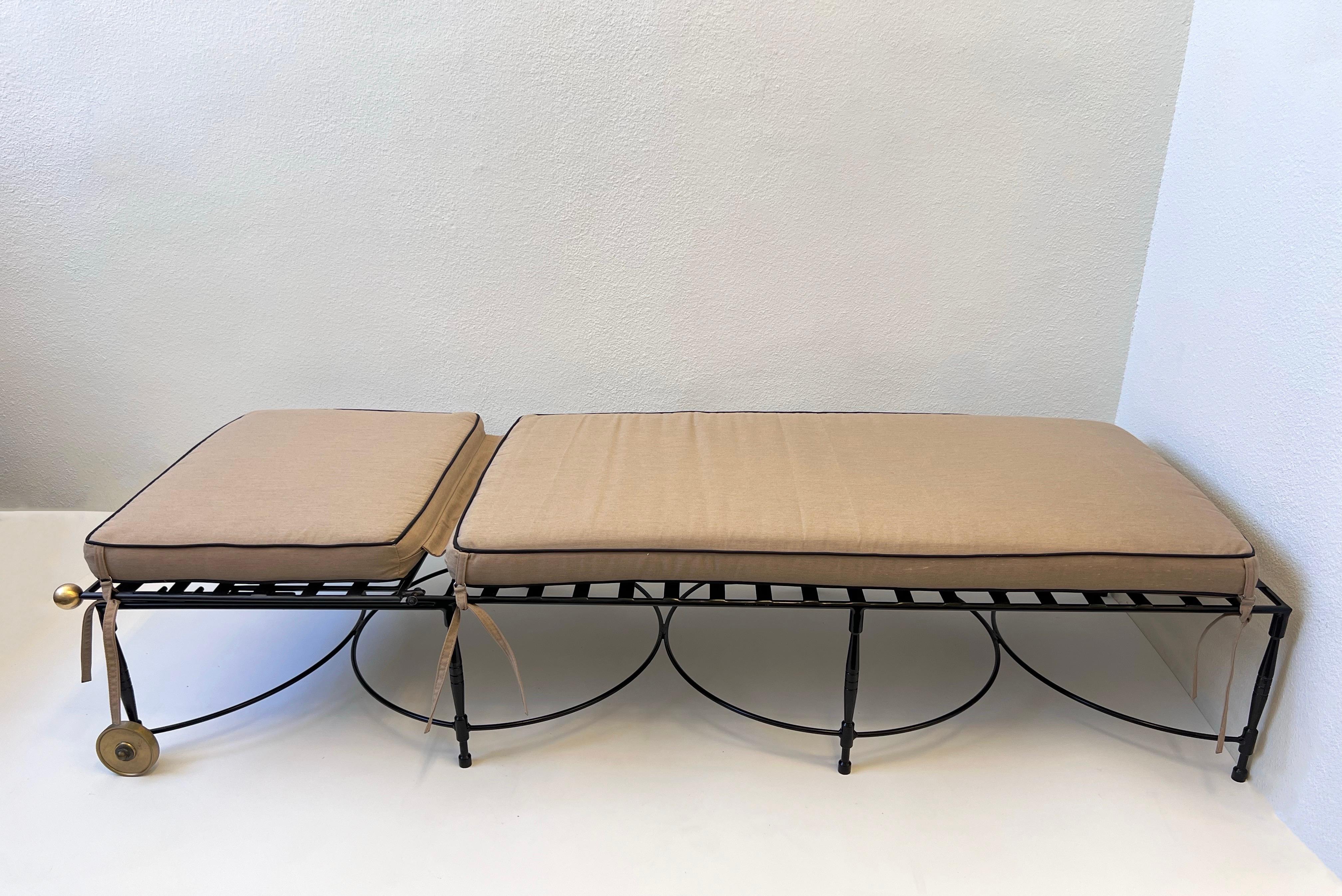 Pair of Adjustable Black Iron & Brass Lounge Chaises by Mario Papperzini 1