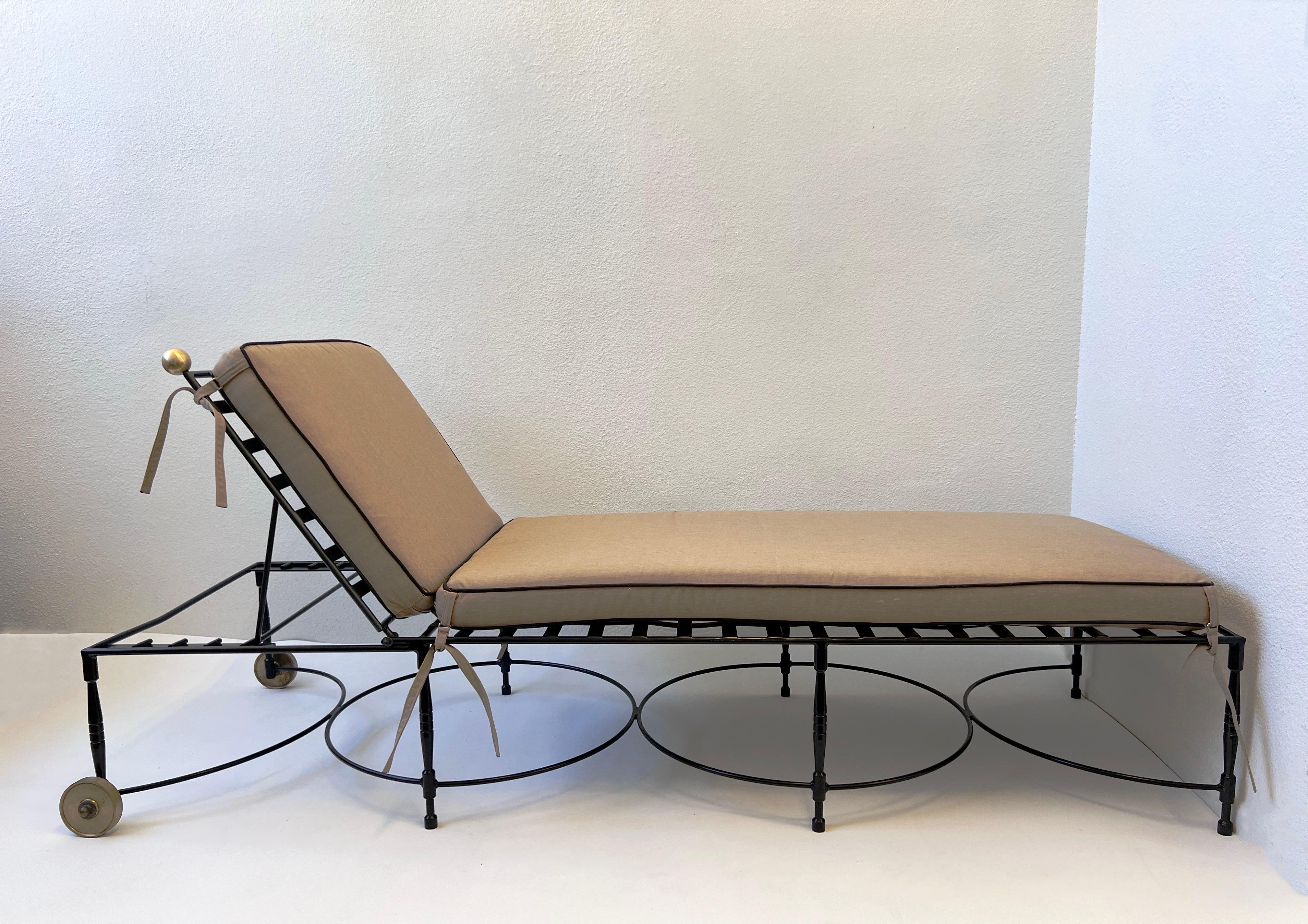 Pair of Adjustable Black Iron & Brass Lounge Chaises by Mario Papperzini 2