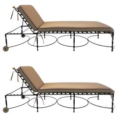 Pair of Adjustable Black Iron & Brass Lounge Chaises by Mario Papperzini 