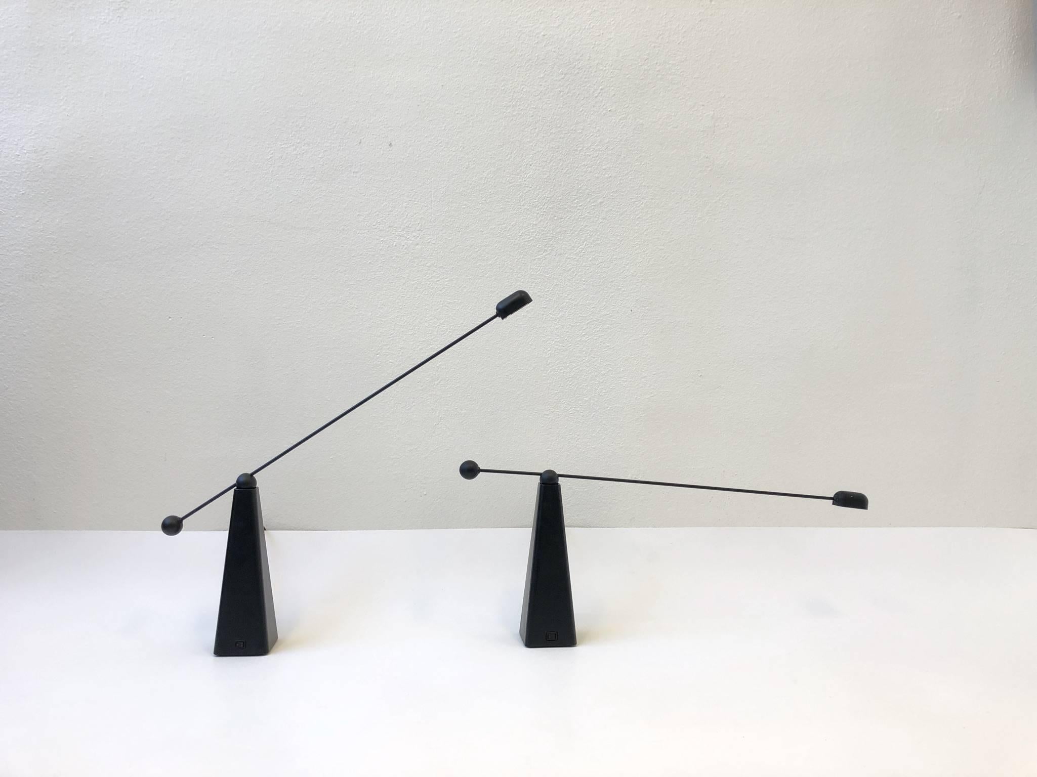 Modern Pair of Adjustable Black Lacquered Table Lamps by Ron Rezek