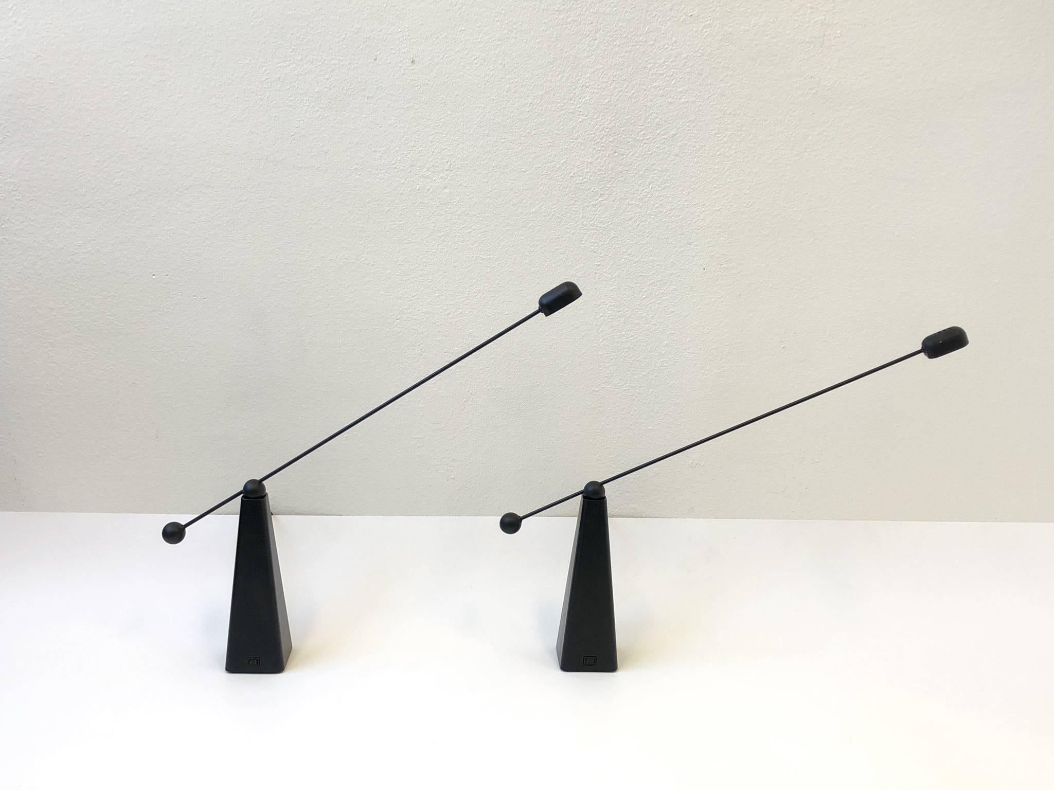 Steel Pair of Adjustable Black Lacquered Table Lamps by Ron Rezek