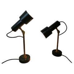 Pair of Adjustable Black Metal and Brass Table Lamps by Stilnovo Milano 50s, 60s