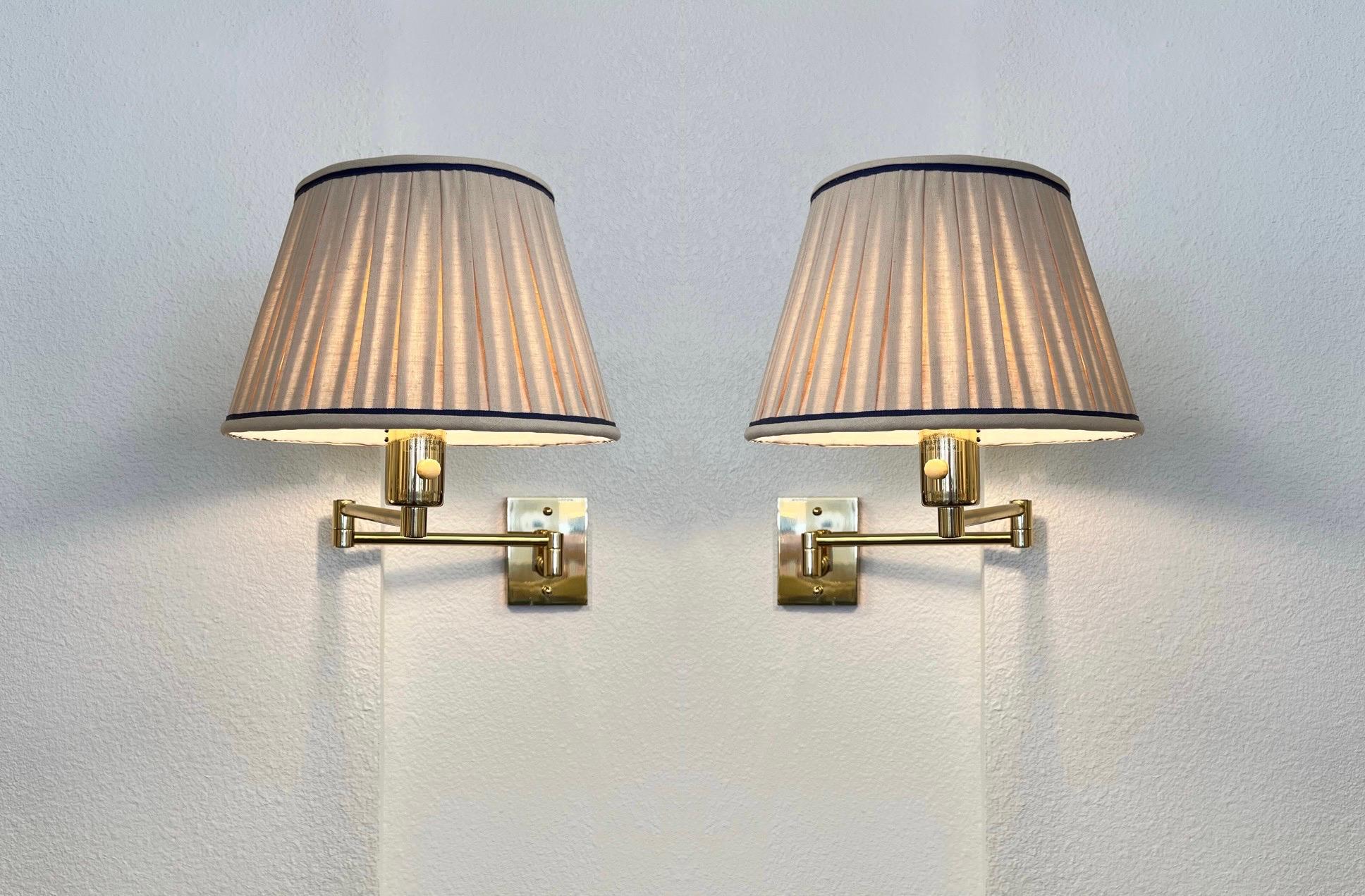 Late 20th Century Pair of Adjustable Brass and Linen Wall Scoces by Hansen Lamps NY For Sale