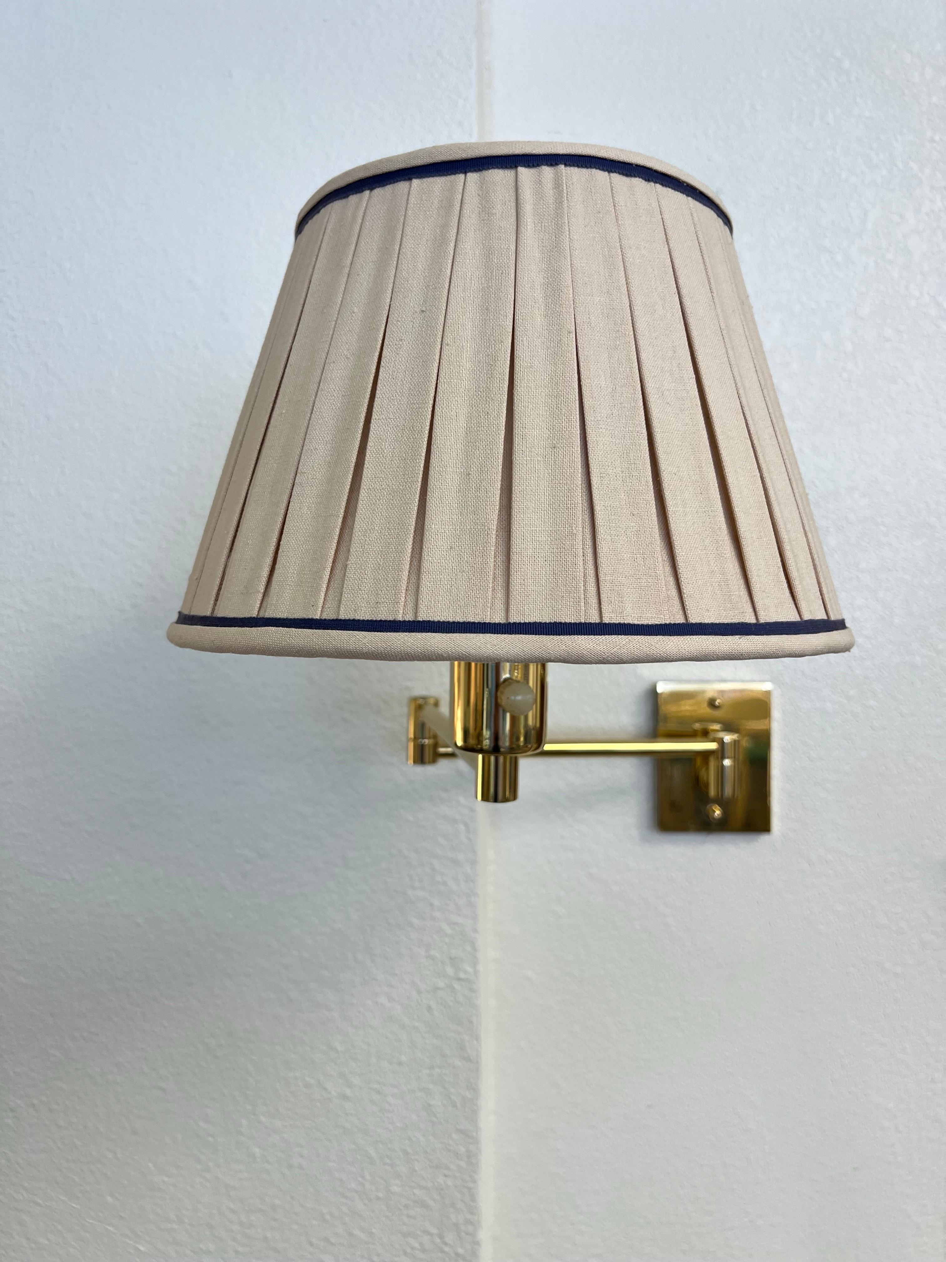 Pair of Adjustable Brass and Linen Wall Scoces by Hansen Lamps NY For Sale 1