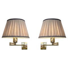 Retro Pair of Adjustable Brass and Linen Wall Scoces by Hansen Lamps NY