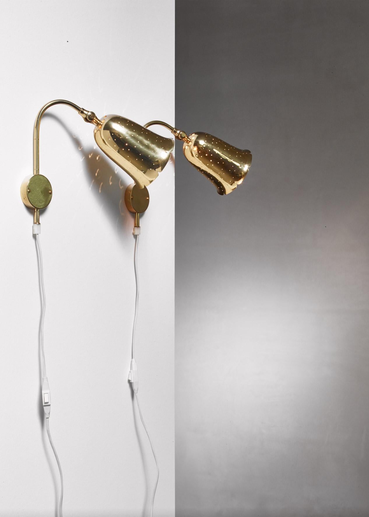 Swedish Pair of Adjustable Brass Wall Lamps by Borens, Sweden, 1960s