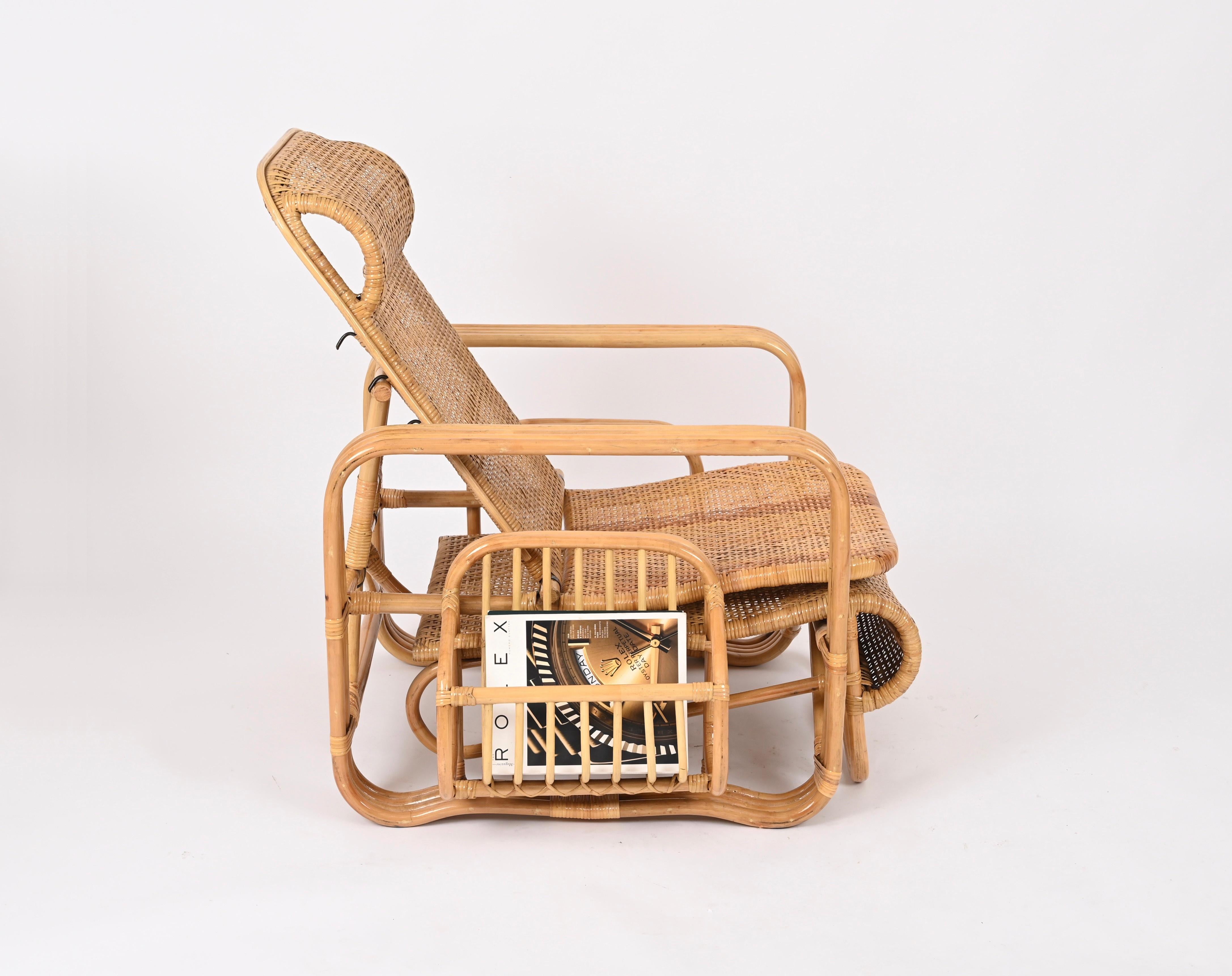Verstellbare Chaise Longue/Loungesessel, Korbweide und Rattan, Italien '70er Jahre, Paar  im Angebot 3