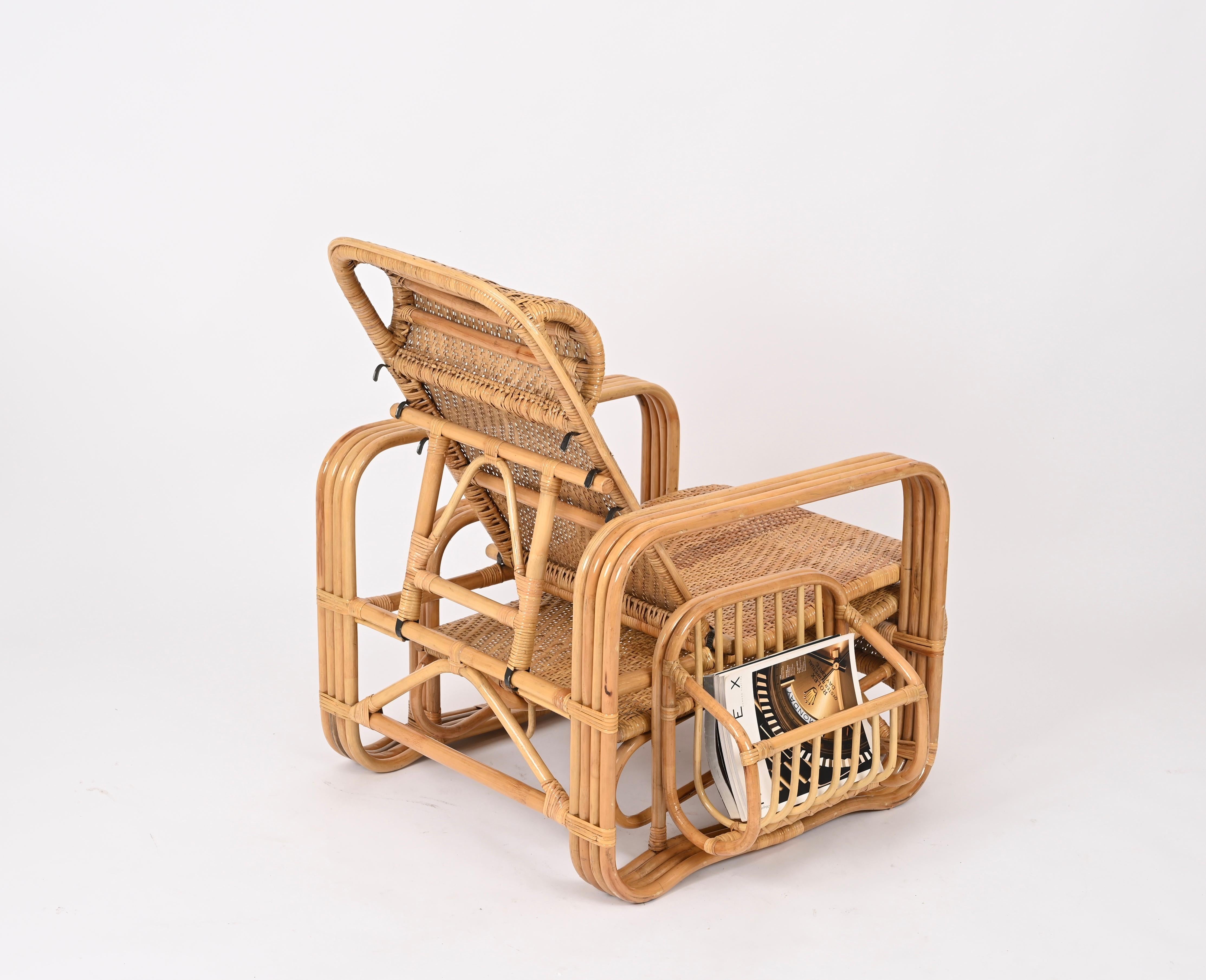 Verstellbarer Chaise Longue/Loungesessel aus geflochtener Korbweide und Rattan, Italien 1970er Jahre  im Angebot 3