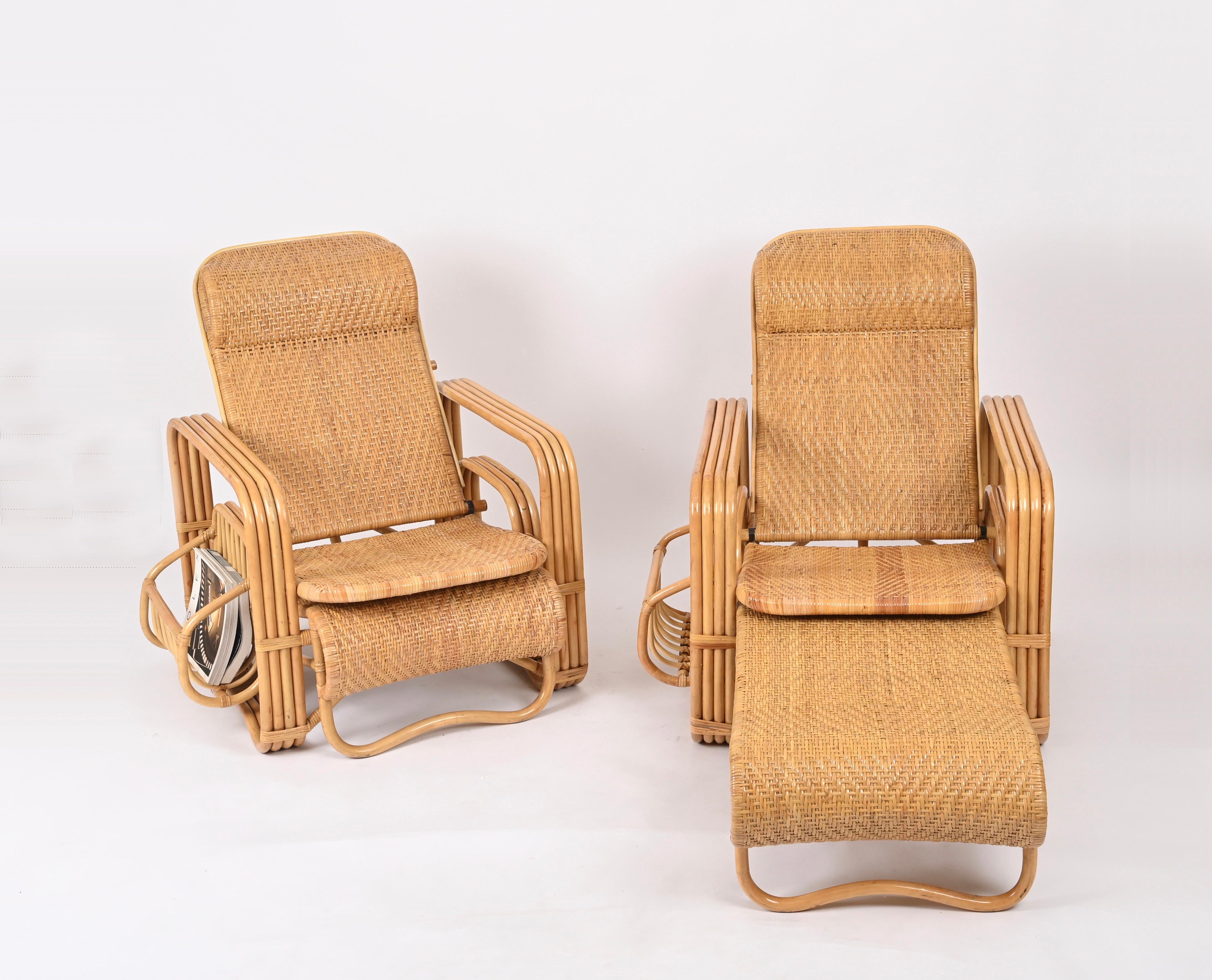 Pair of Adjustable Chaise Longue / Lounge Chairs, Wicker and Rattan, Italy '70s  For Sale 6