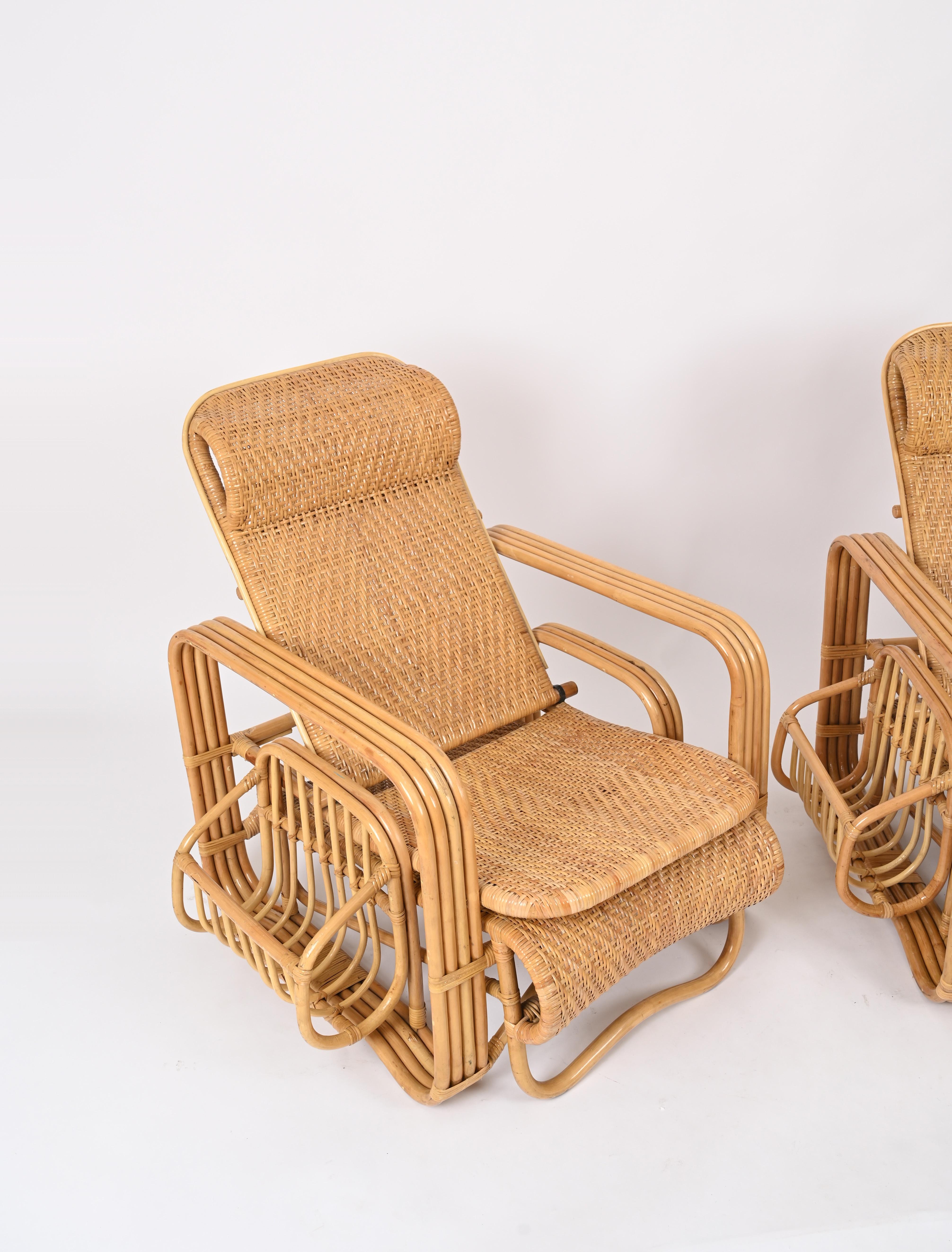 Pair of Adjustable Chaise Longue / Lounge Chairs, Wicker and Rattan, Italy '70s  For Sale 7