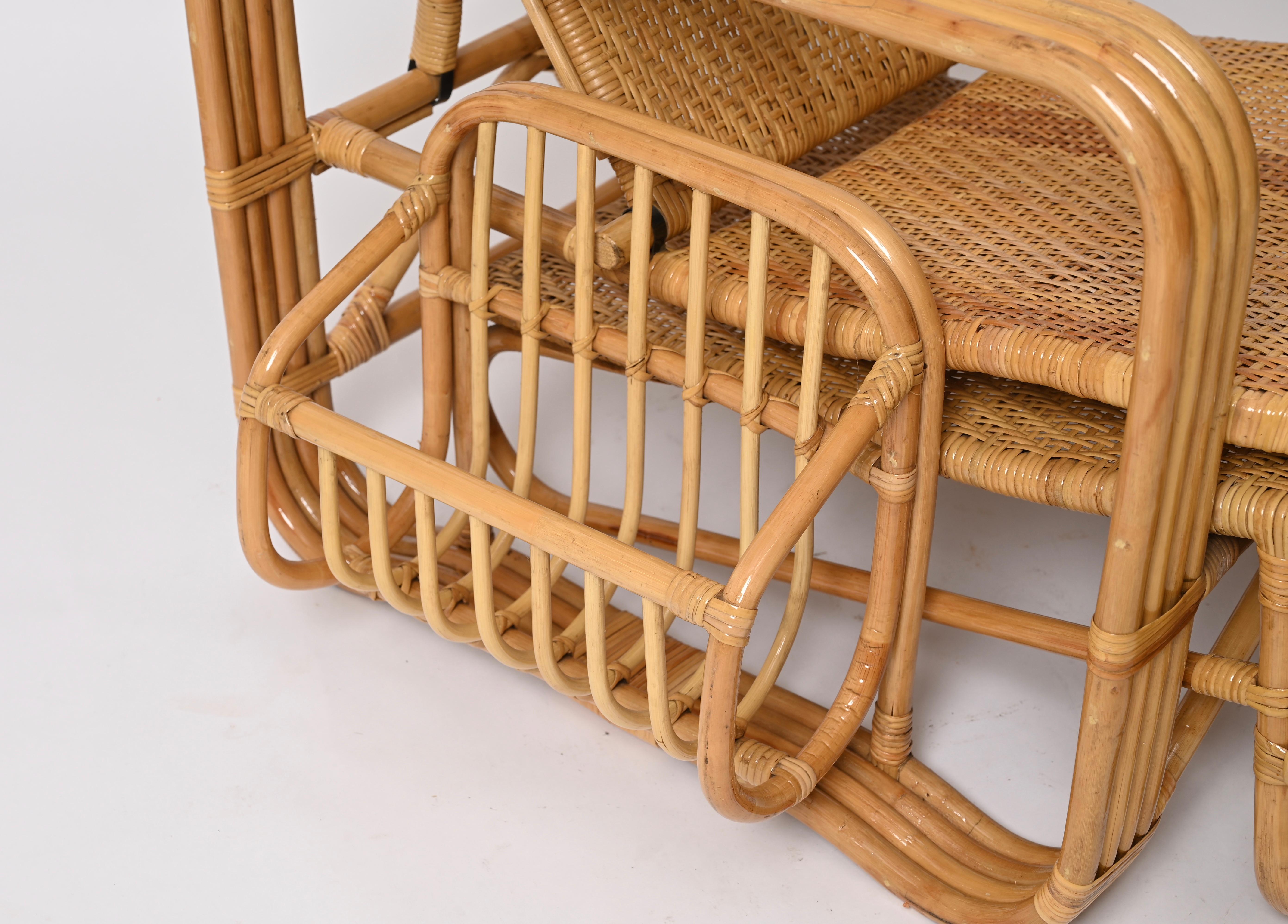 Adjustable Chaise Longue / Lounge Chair in Woven Wicker and Rattan, Italy 1970s  For Sale 5