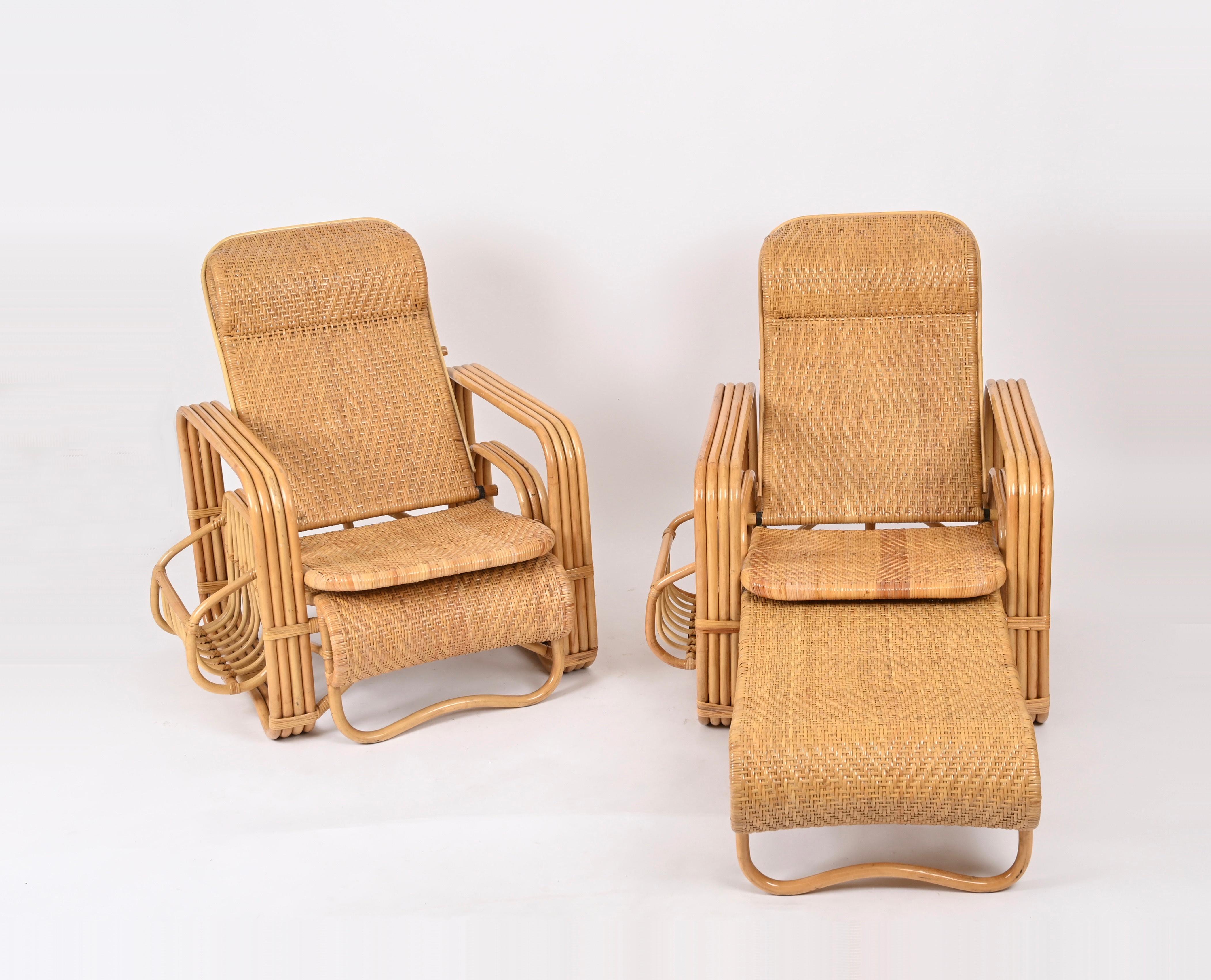 Pair of Adjustable Chaise Longue / Lounge Chairs, Wicker and Rattan, Italy '70s  For Sale 8