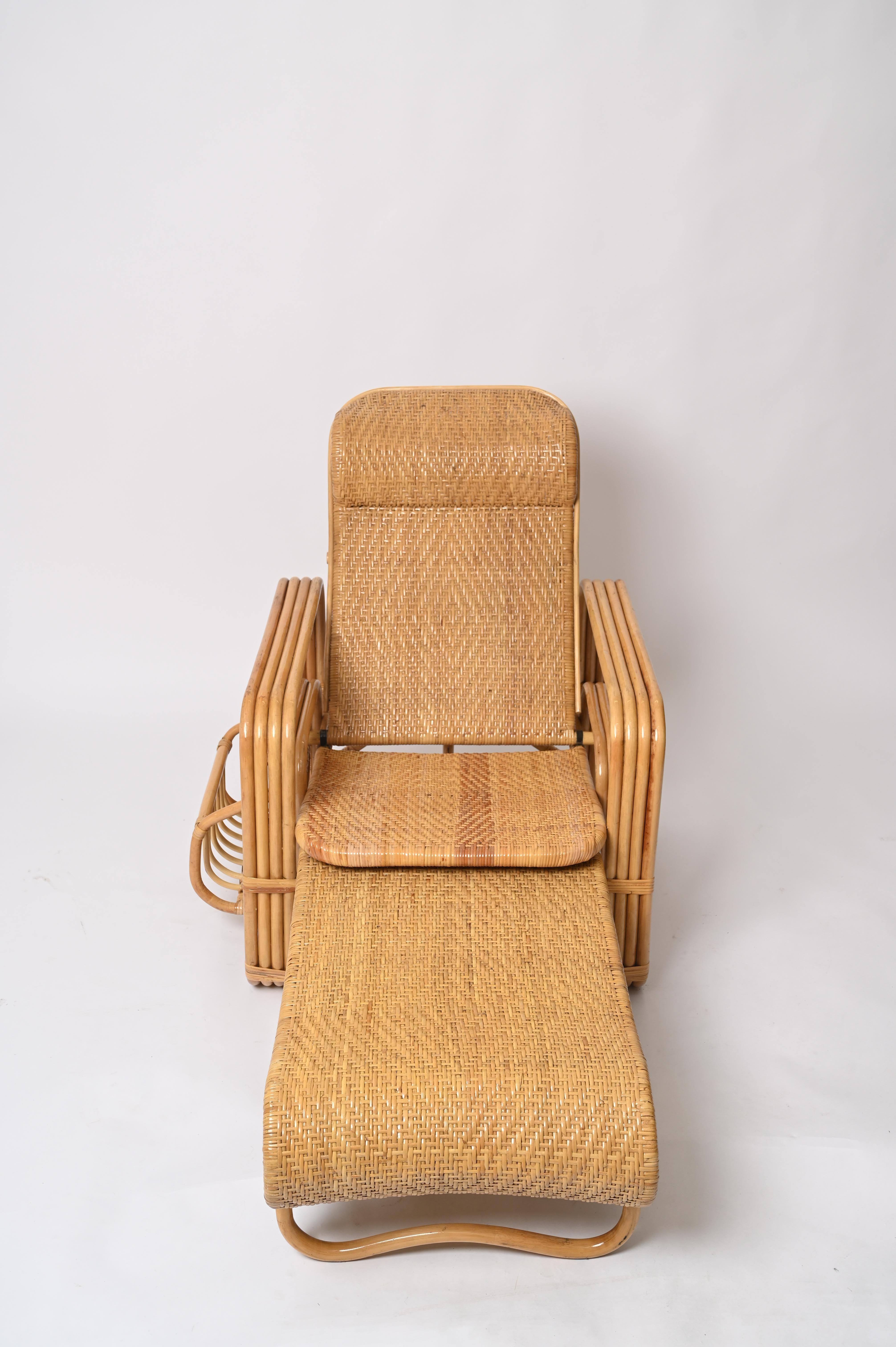 Adjustable Chaise Longue / Lounge Chair in Woven Wicker and Rattan, Italy 1970s  For Sale 6