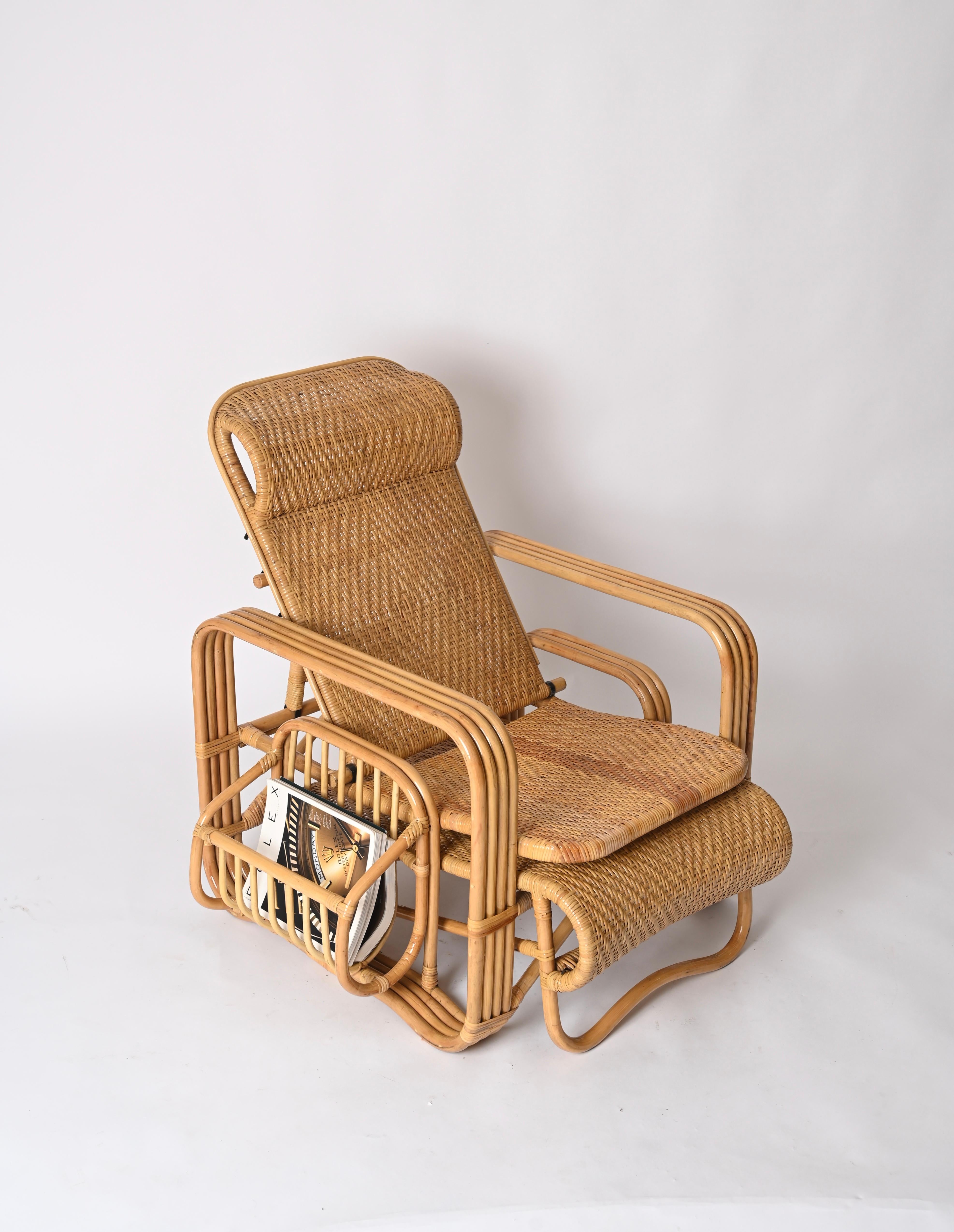 Spectacular reclinable armchair / lounge chair fully made in curved bamboo, rattan and hand-woven wicker.  This gorgeous lounge chairs was produced in Italy during the 1970s and are attributed to the mastery of Vivai del Sud.

This amazing French