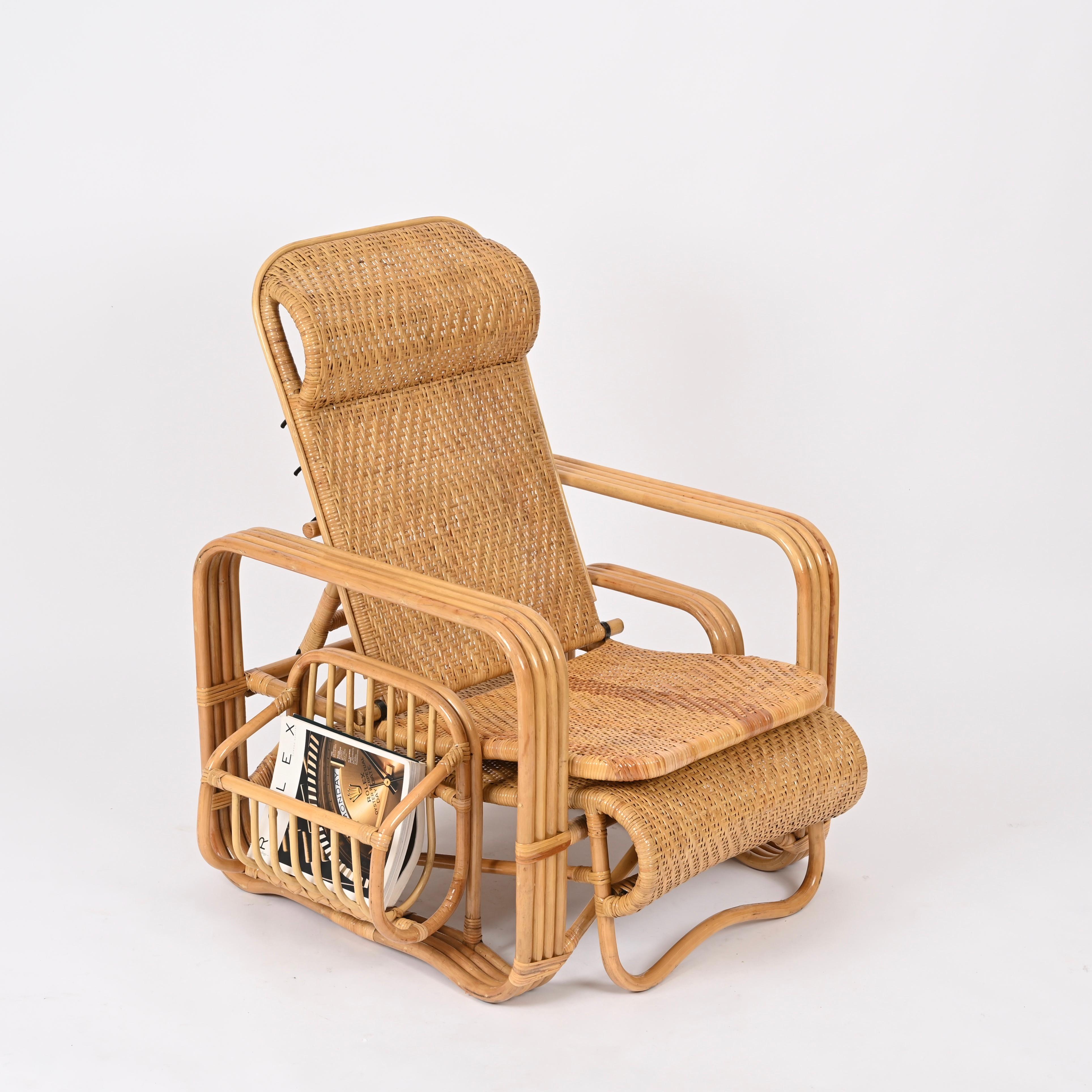 italien Paire de chaises longues / chaises longues réglables, osier et rotin, Italie années 70  en vente