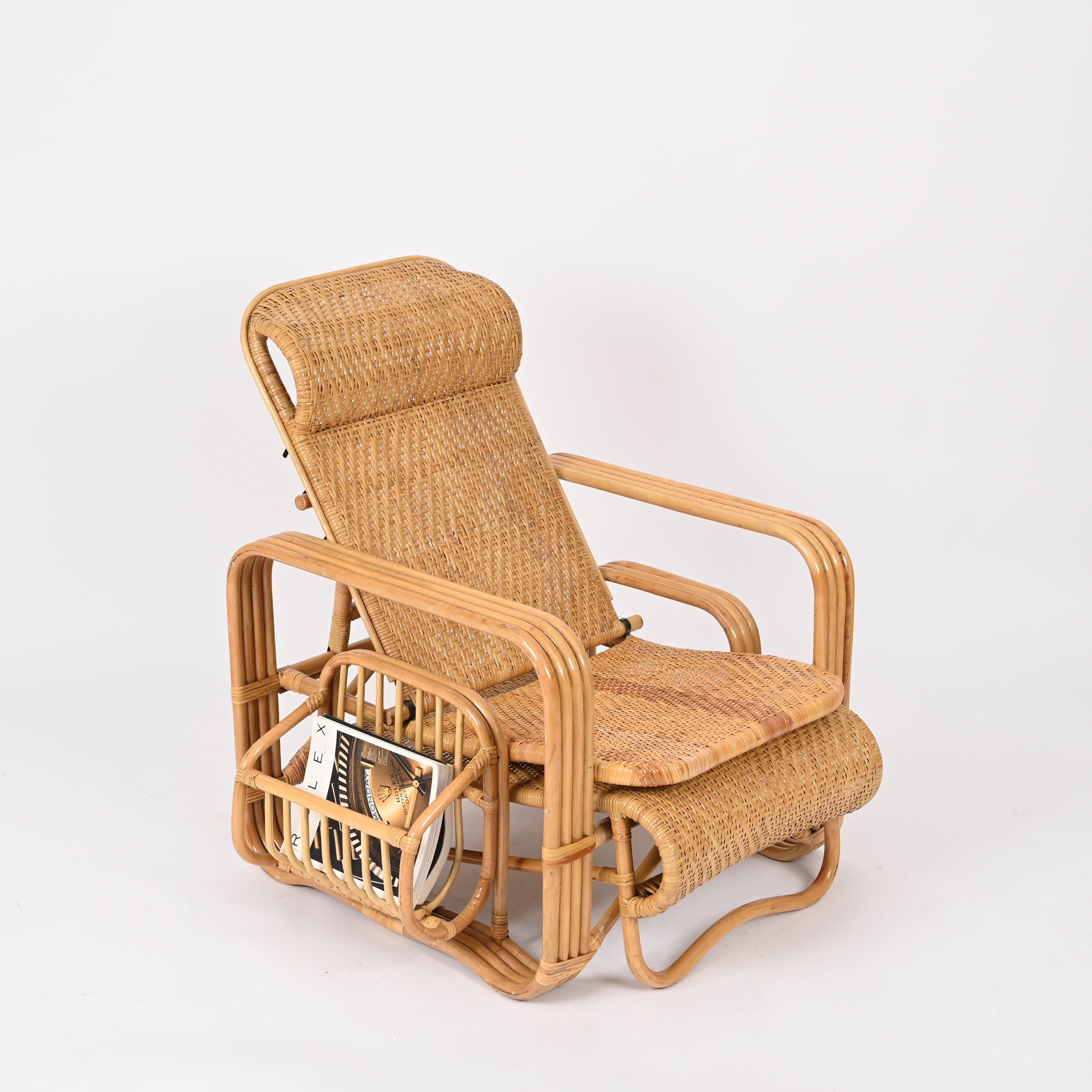 Verstellbare Chaise Longue/Loungesessel, Korbweide und Rattan, Italien '70er Jahre, Paar  (Handgewebt) im Angebot