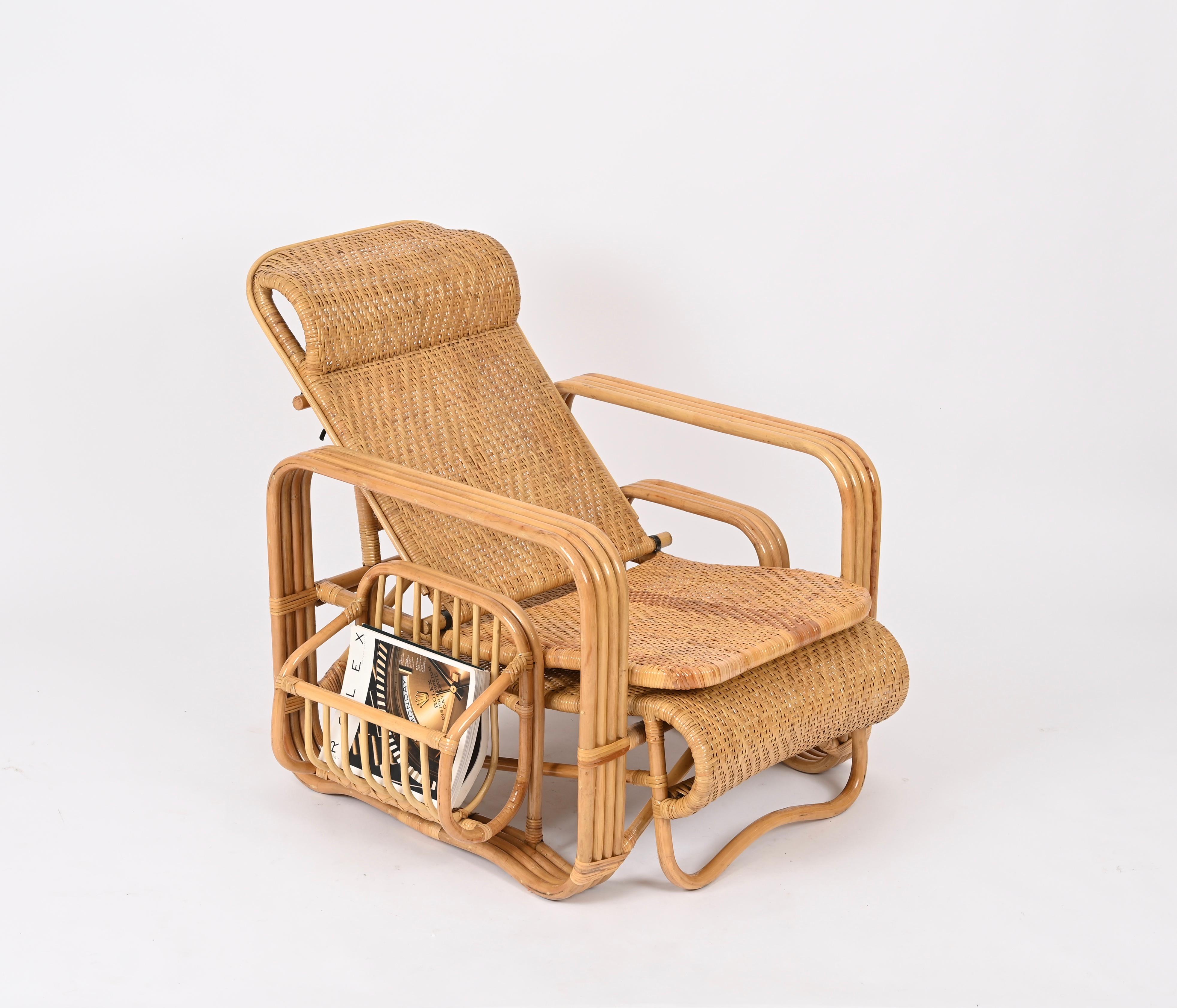 Verstellbarer Chaise Longue/Loungesessel aus geflochtener Korbweide und Rattan, Italien 1970er Jahre  (Handgefertigt) im Angebot