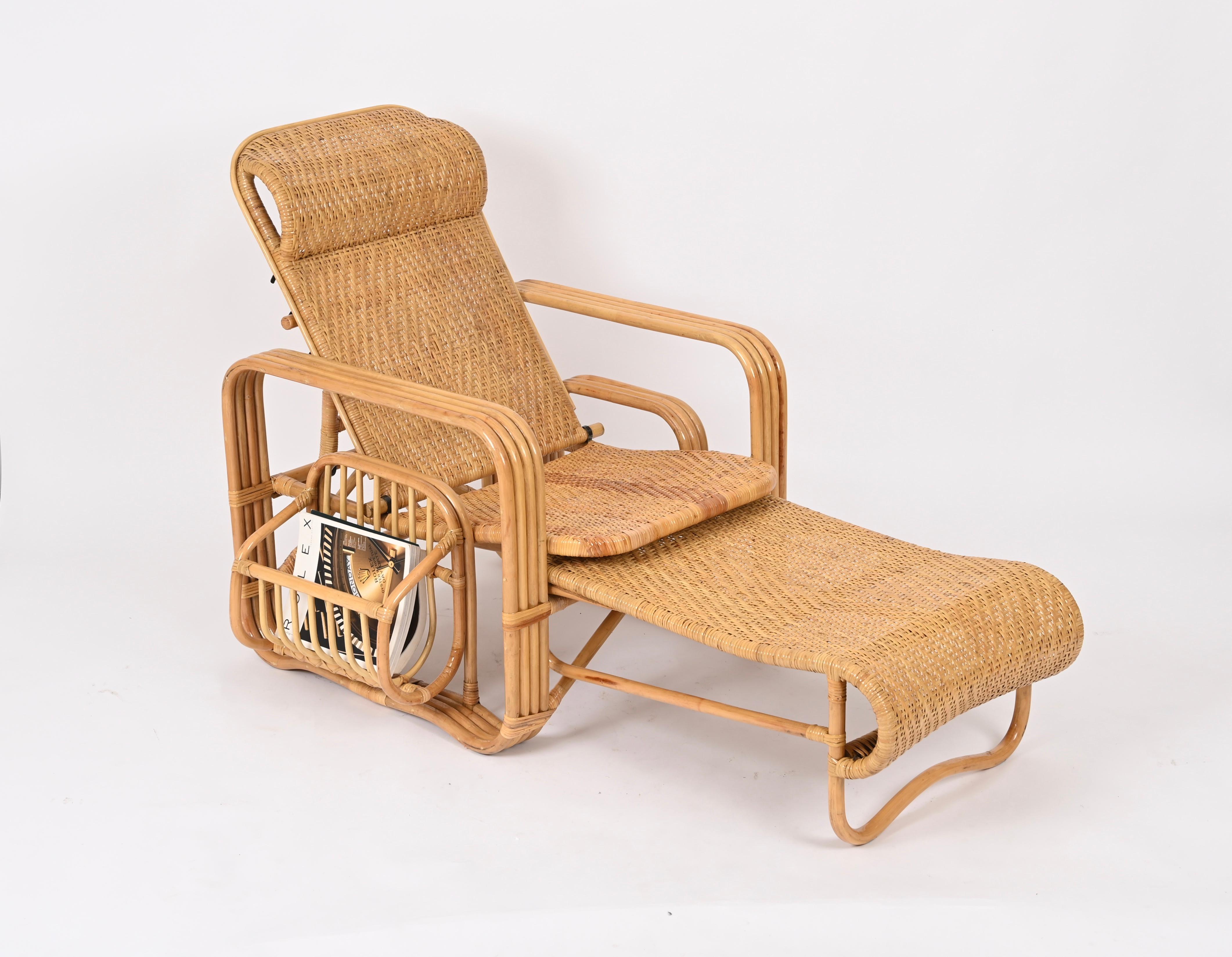 Hand-Crafted Adjustable Chaise Longue / Lounge Chair in Woven Wicker and Rattan, Italy 1970s For Sale