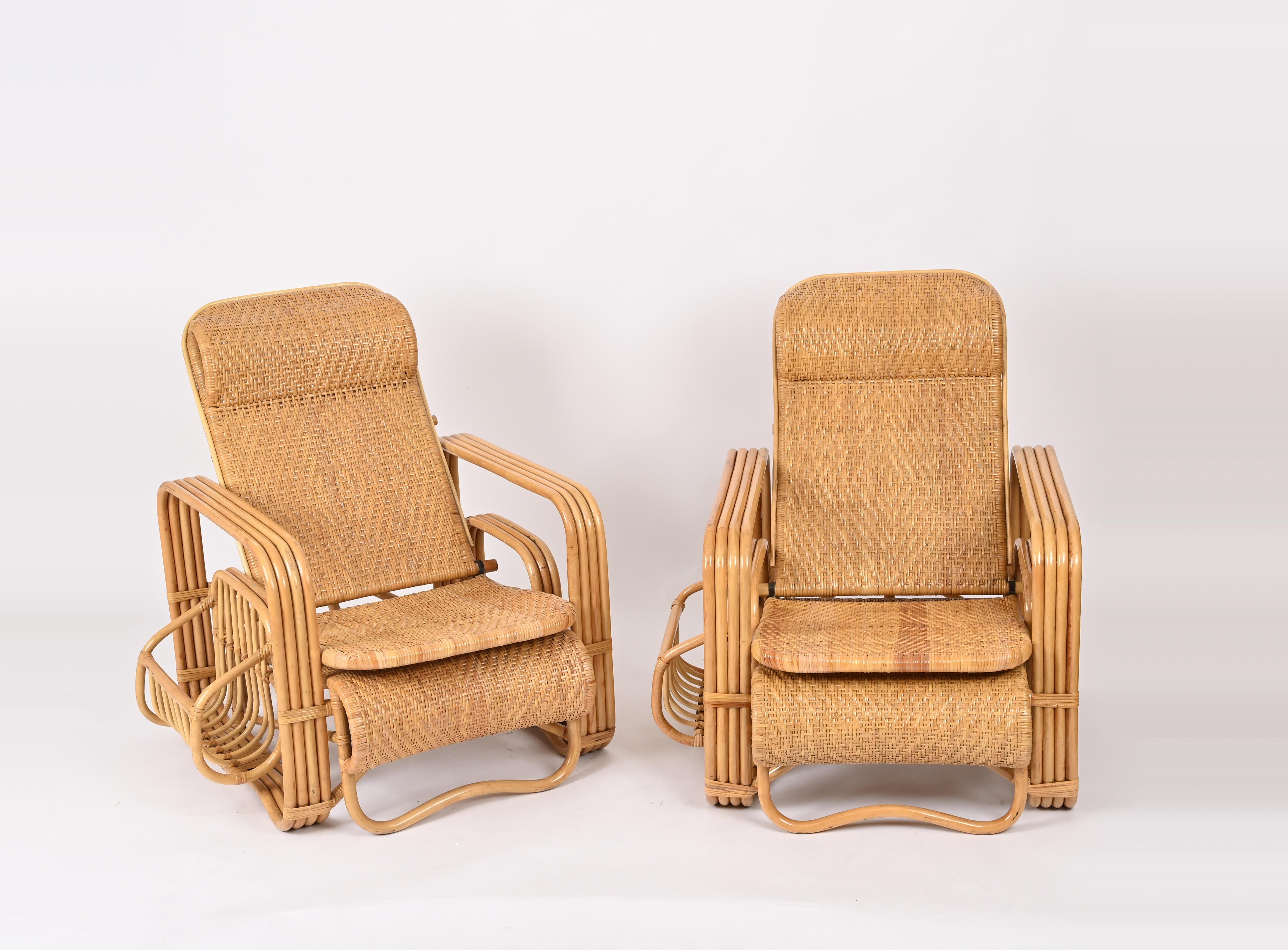 Bamboo Pair of Adjustable Chaise Longue / Lounge Chairs, Wicker and Rattan, Italy '70s  For Sale
