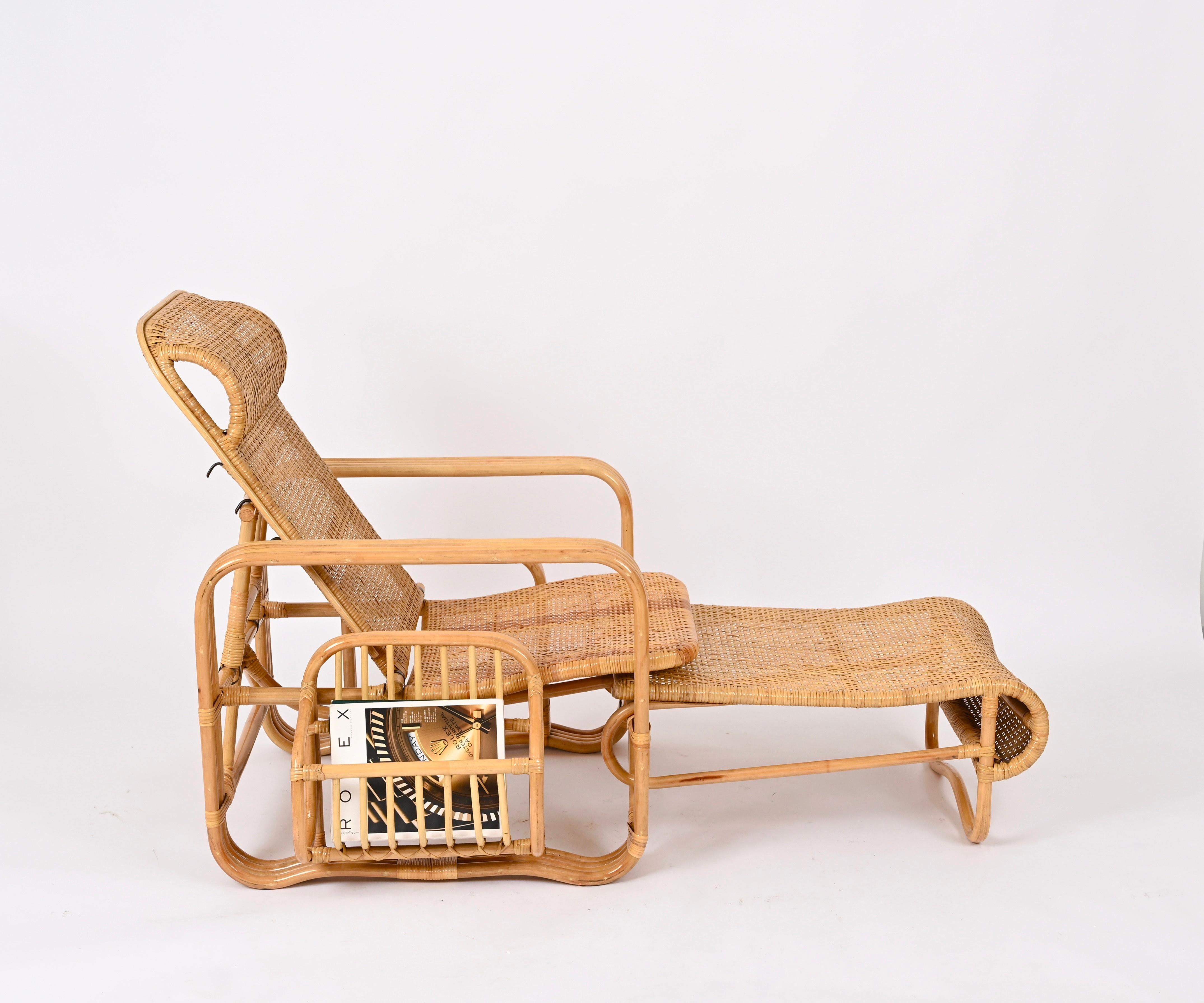 Chaise longue/chaise longue réglable en osier tressé et rotin, Italie, années 1970  en vente 1