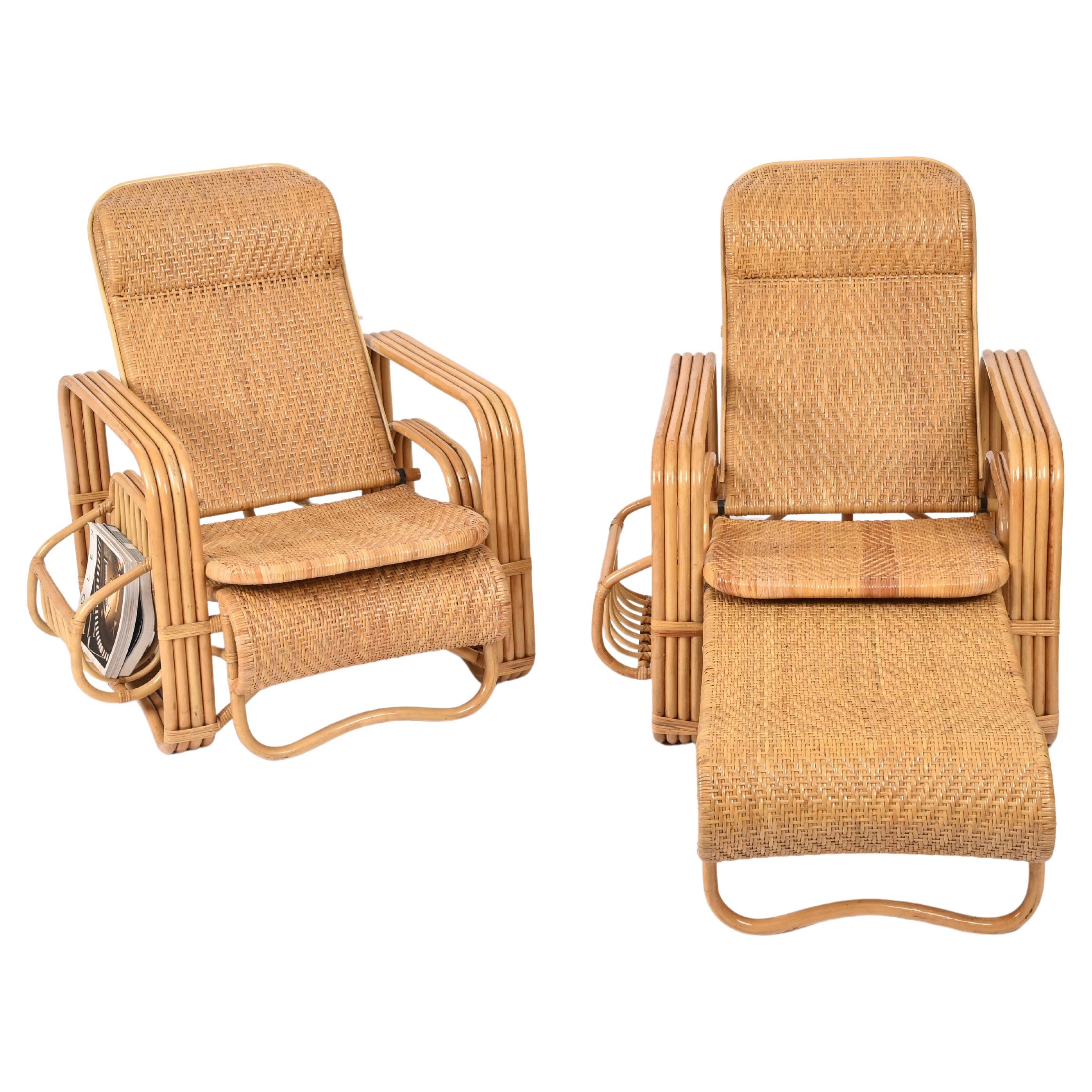 Spectacular pair of reclinable armchairs / lounge chairs fully made in curved bamboo, rattan and hand-woven wicker.  These gorgeous lounge chairs were produced in Italy during the 1970s and are attributed to the mastery of Vivai del Sud.

These