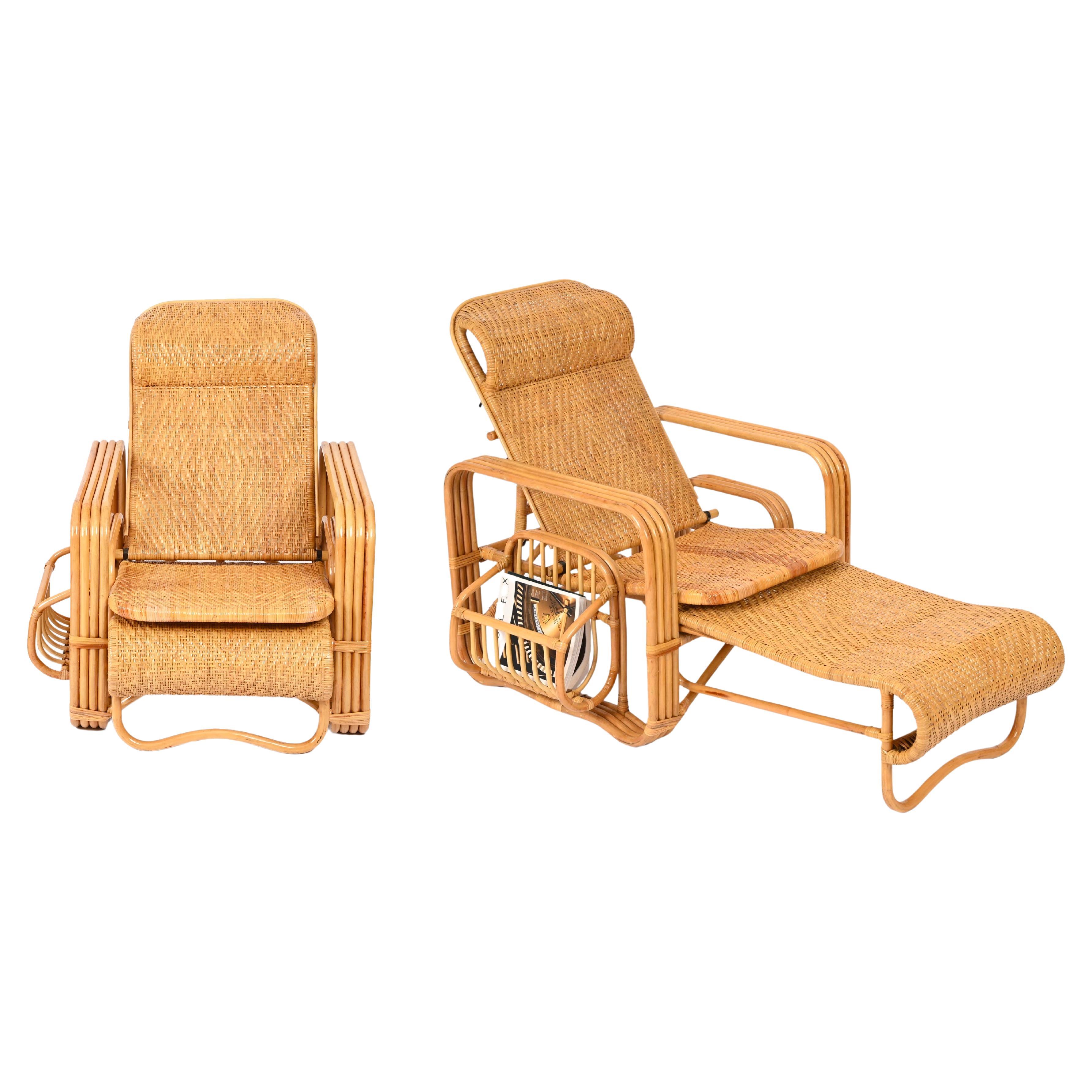Pair of Adjustable Chaise Longue / Lounge Chairs, Wicker and Rattan, Italy '70s 