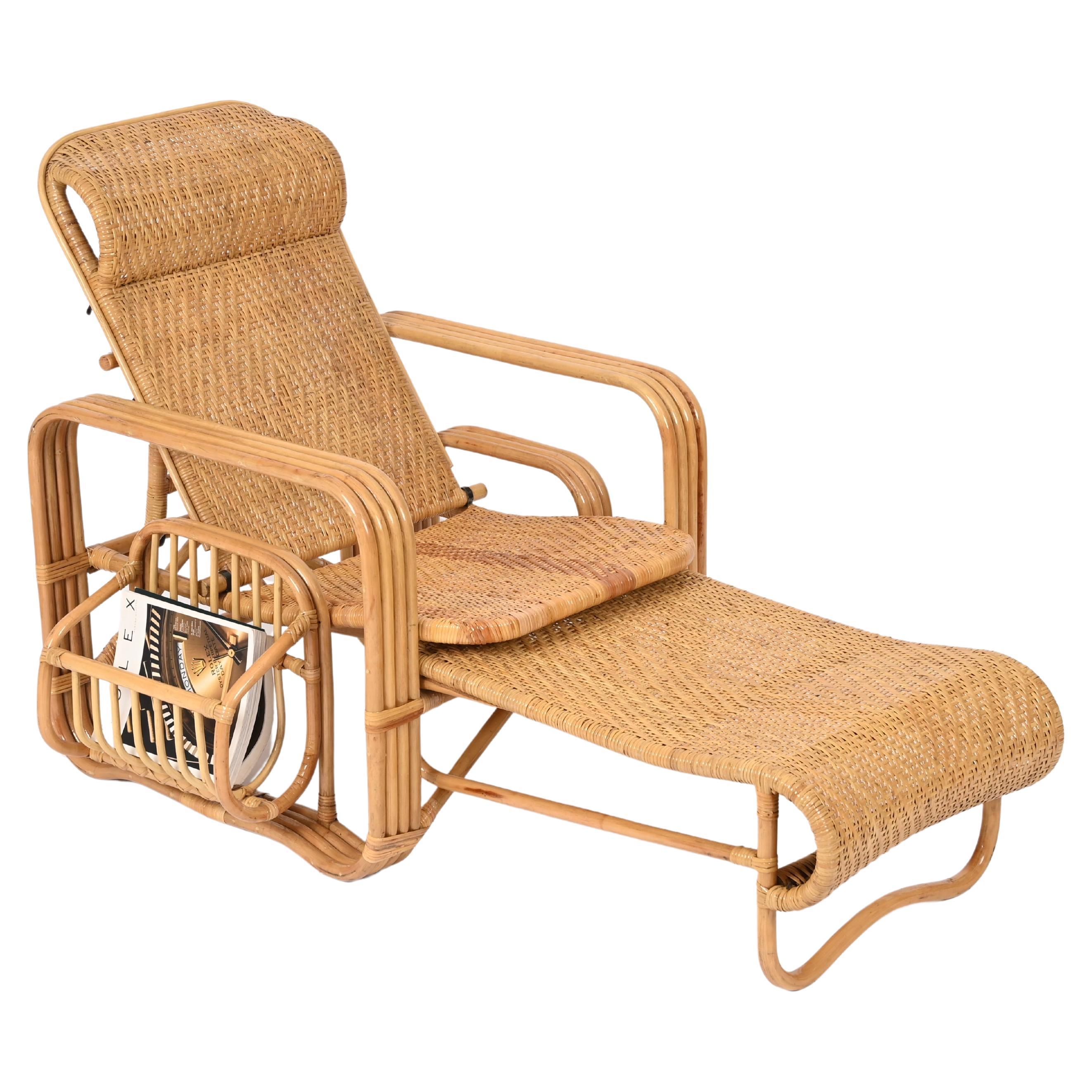 Chaise longue/chaise longue réglable en osier tressé et rotin, Italie, années 1970 