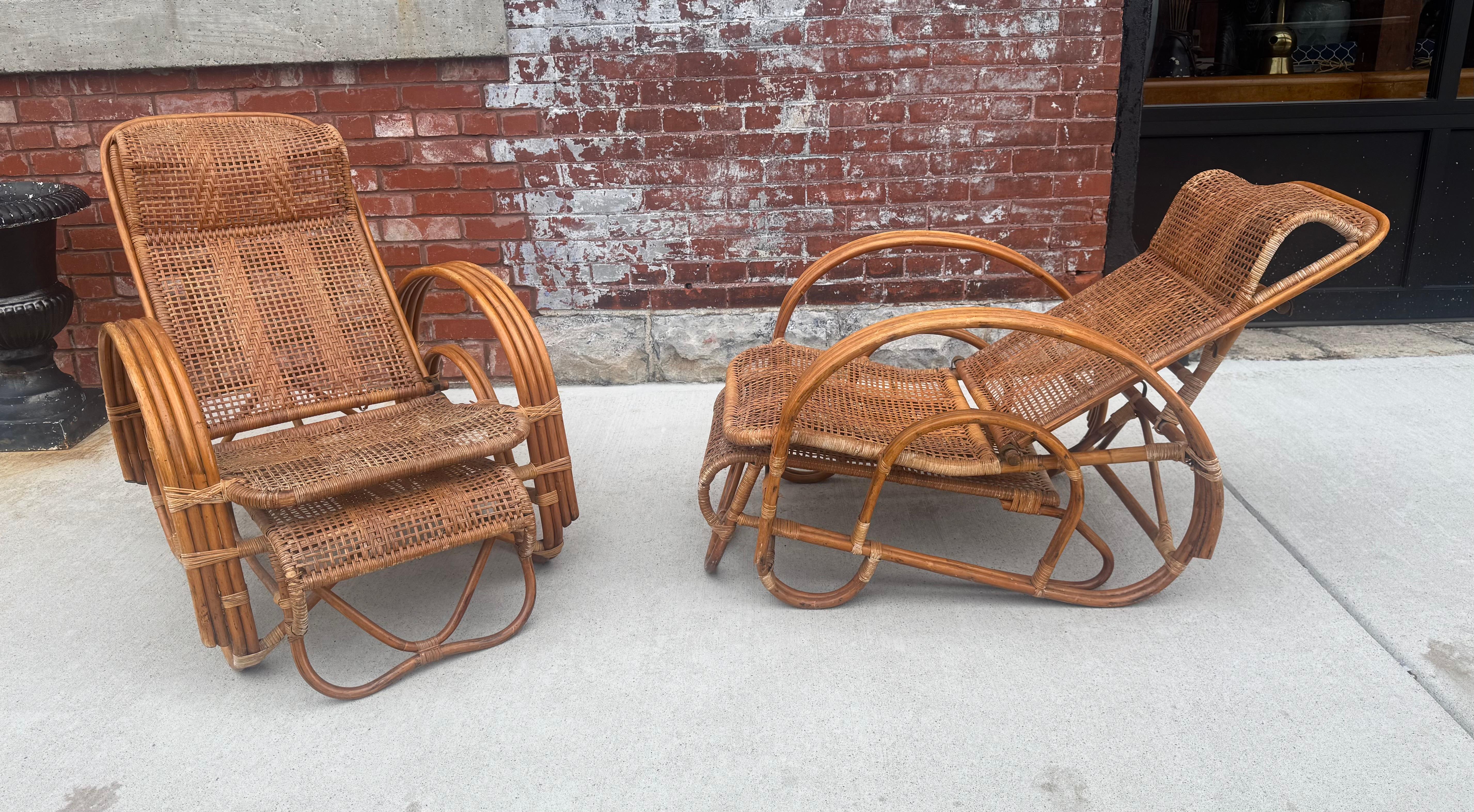 Coppia di sedie a sdraio regolabili/ottomane in vimini e bambù, Italia anni '70 in vendita 2